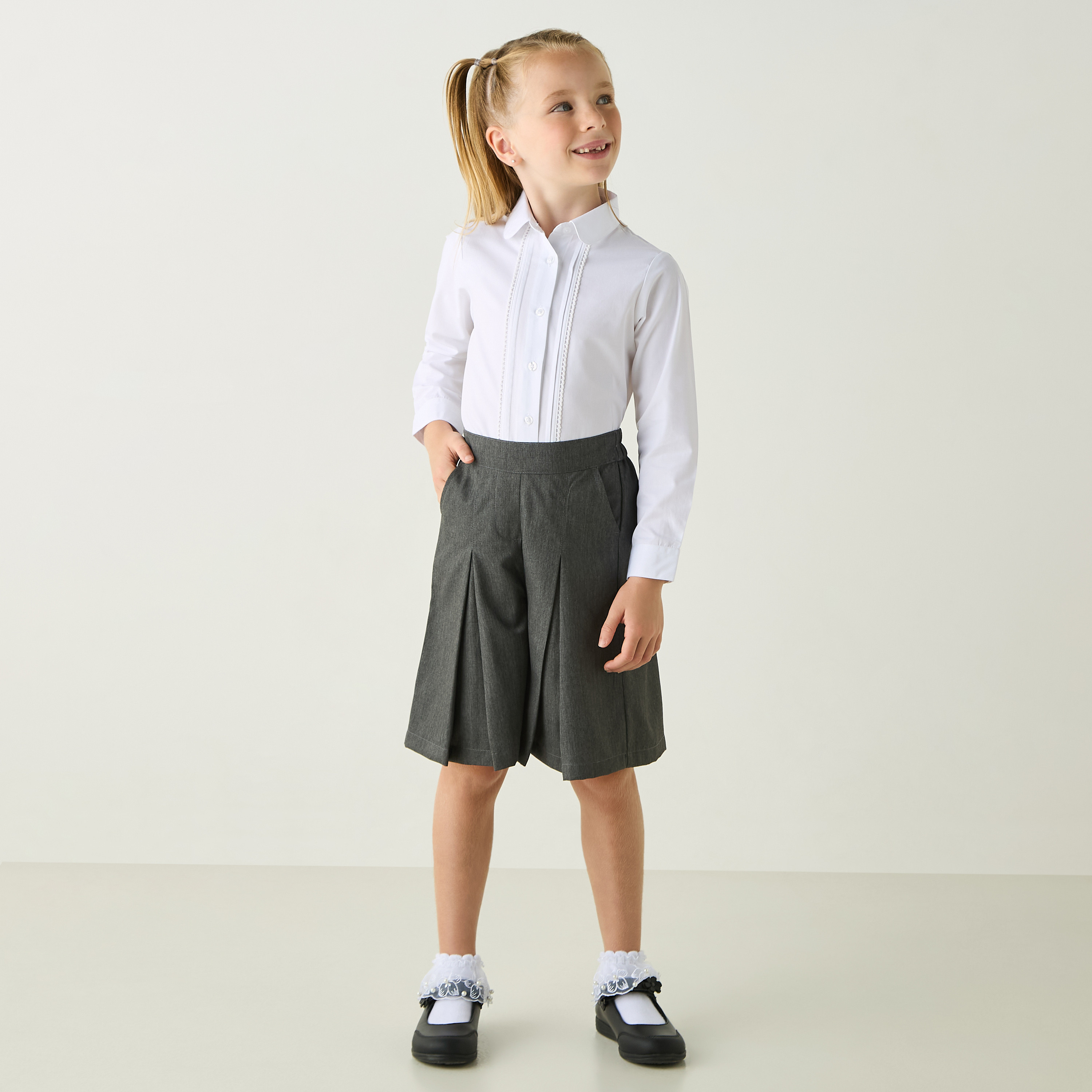 Juniors Solid Lace Detail Shirt with Peter Pan Collar and Long Sleeves-girls-clothing-schoolwear-blousesandshirts-image-4