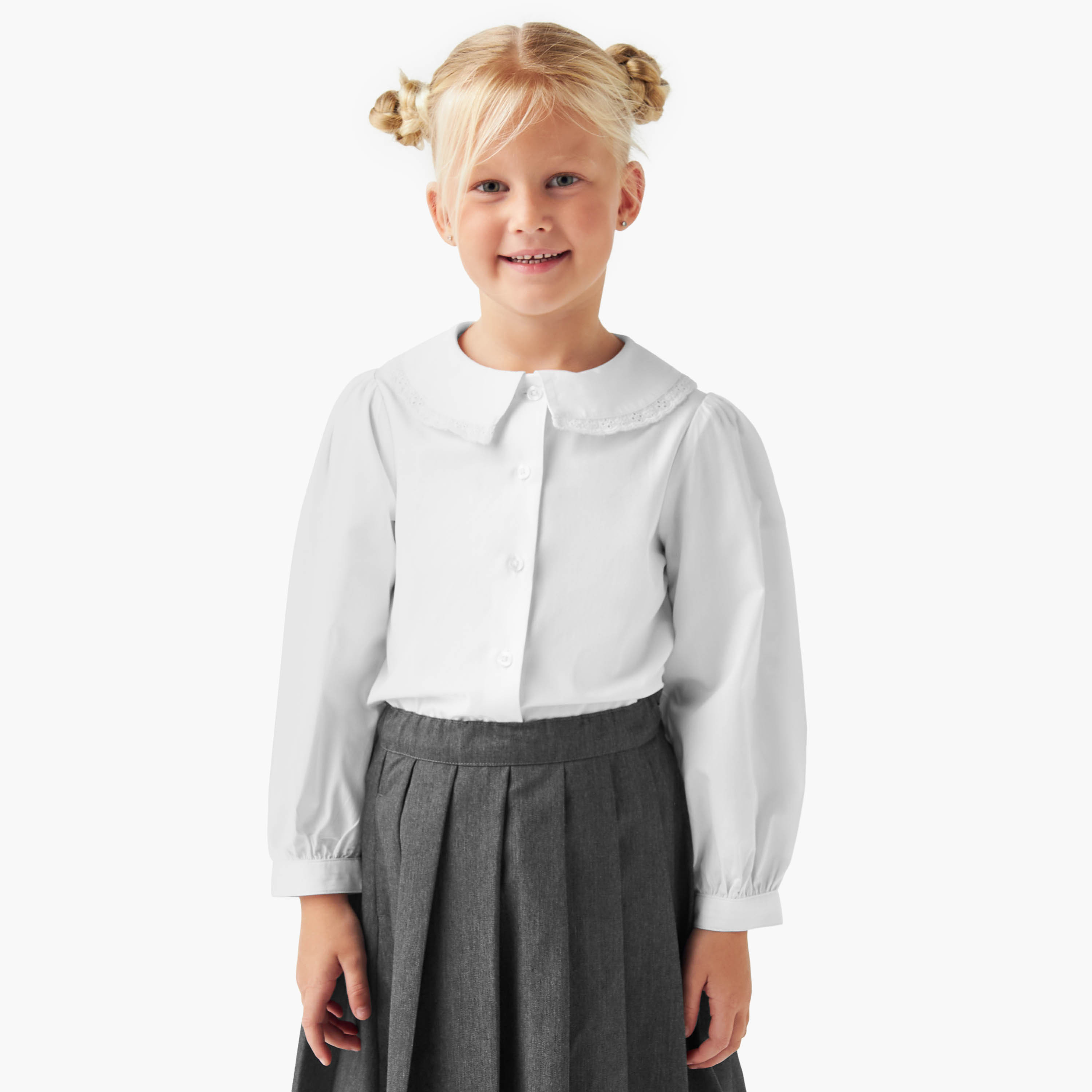 Juniors Solid Shirt with Lace Trim Collar and Long Sleeves-girls-clothing-schoolwear-blousesandshirts-image-1