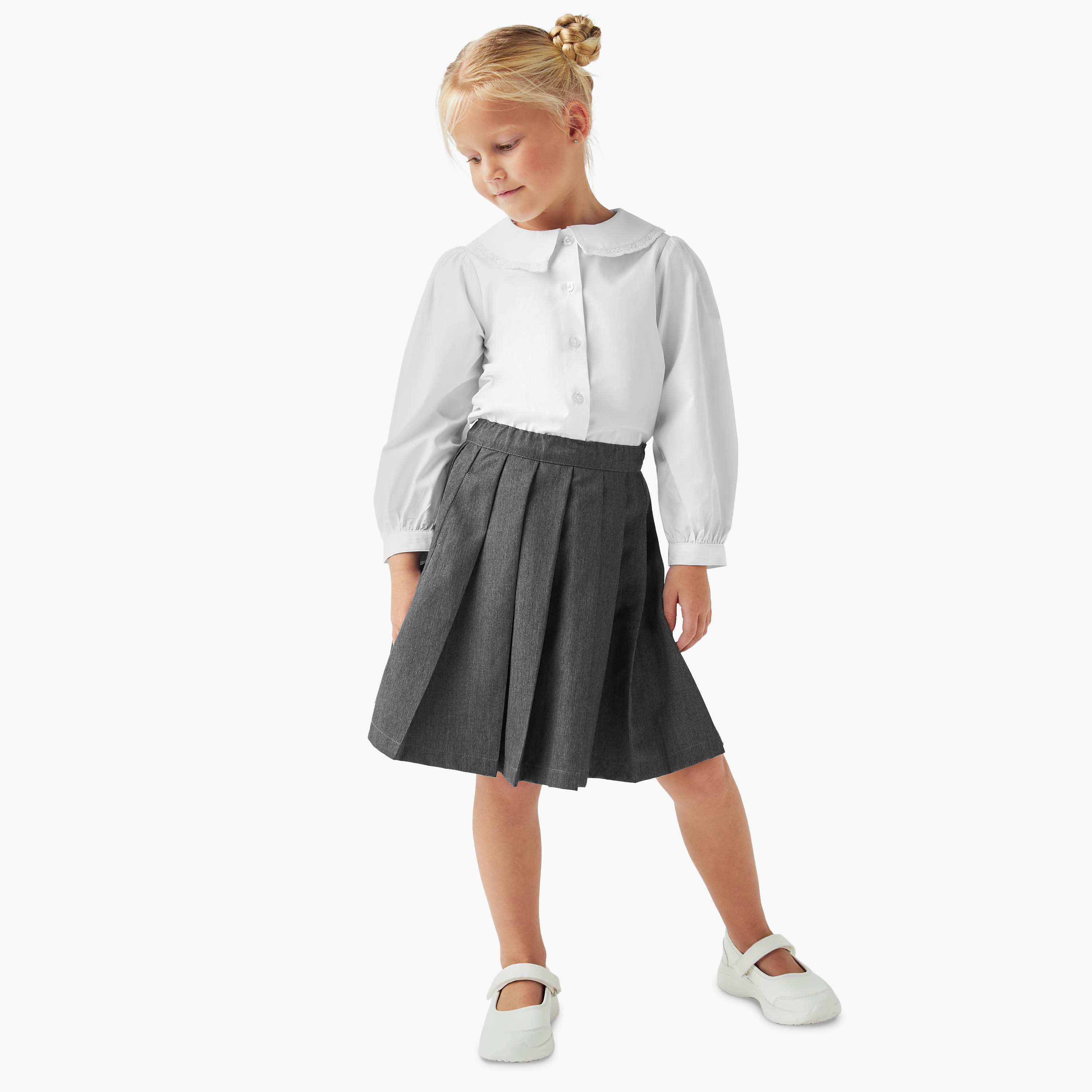 Juniors Solid Shirt with Lace Trim Collar and Long Sleeves-girls-clothing-schoolwear-blousesandshirts-image-2