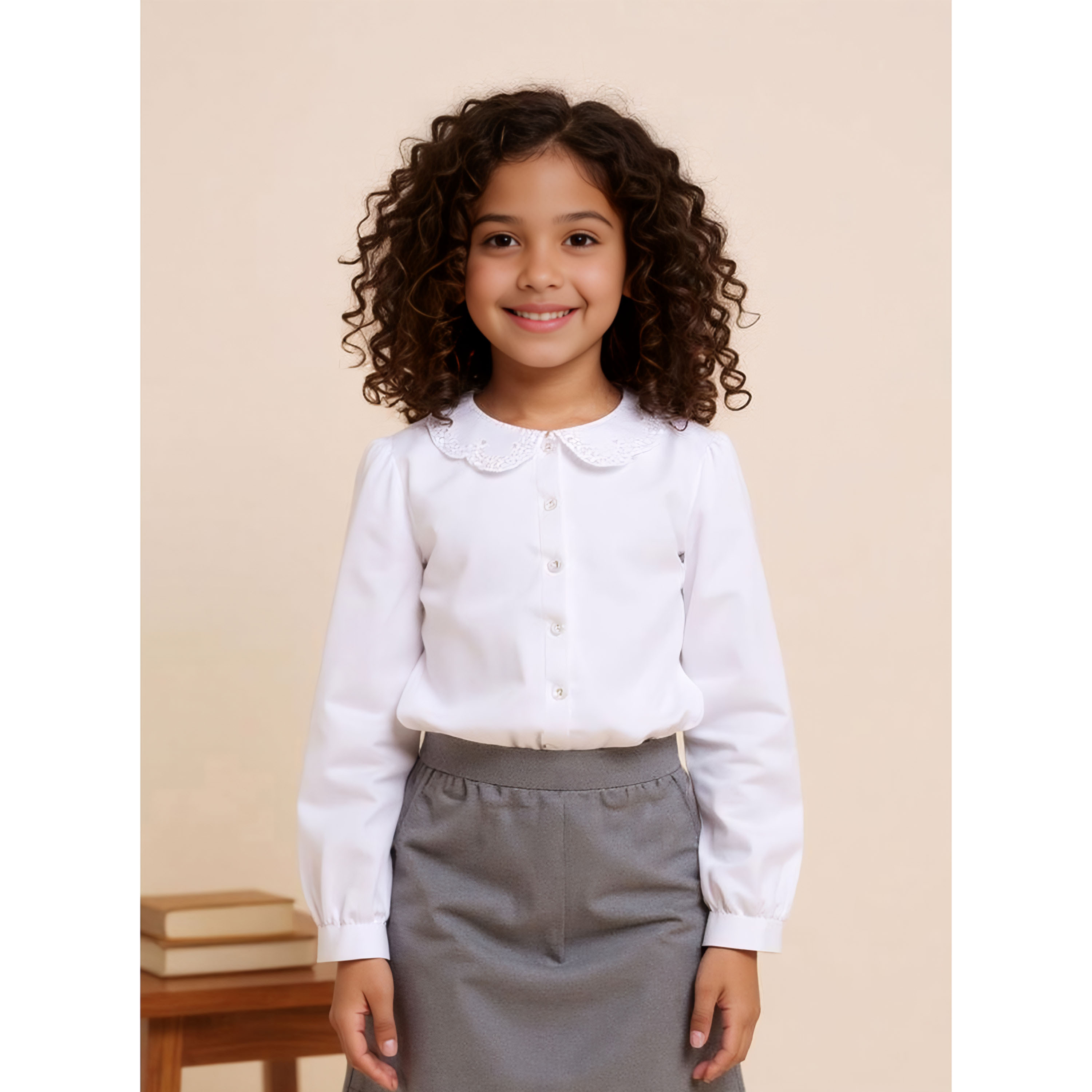 قميص سادة بأكمام طويلة وياقة بيتر بان من جونيورز-girls-clothing-blousesandshirts-image-1