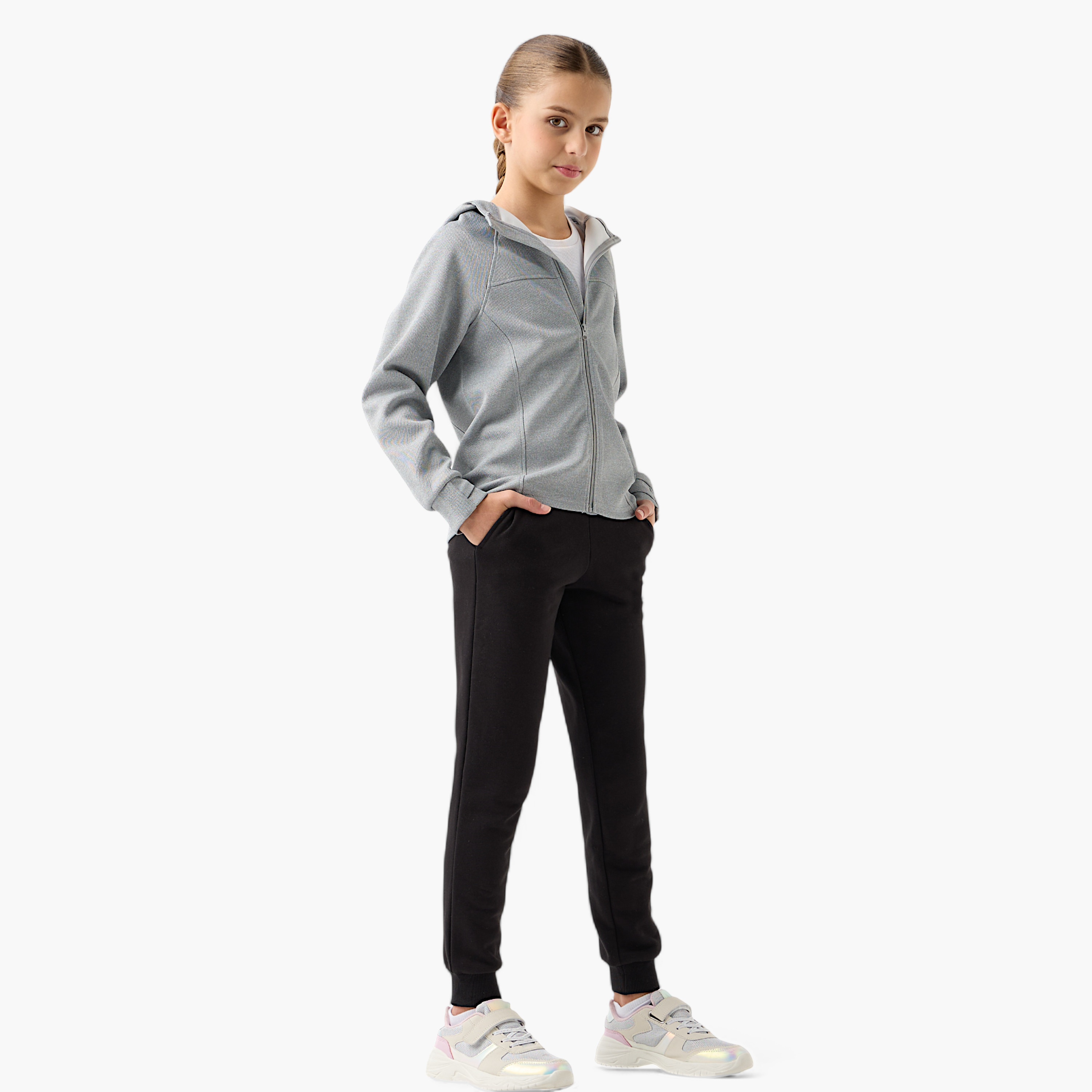 Juniors Textured Zip Through Hoodie with Long Thumb Sleeves-girls-clothing-schoolwear-jacketsandcoats-image-2