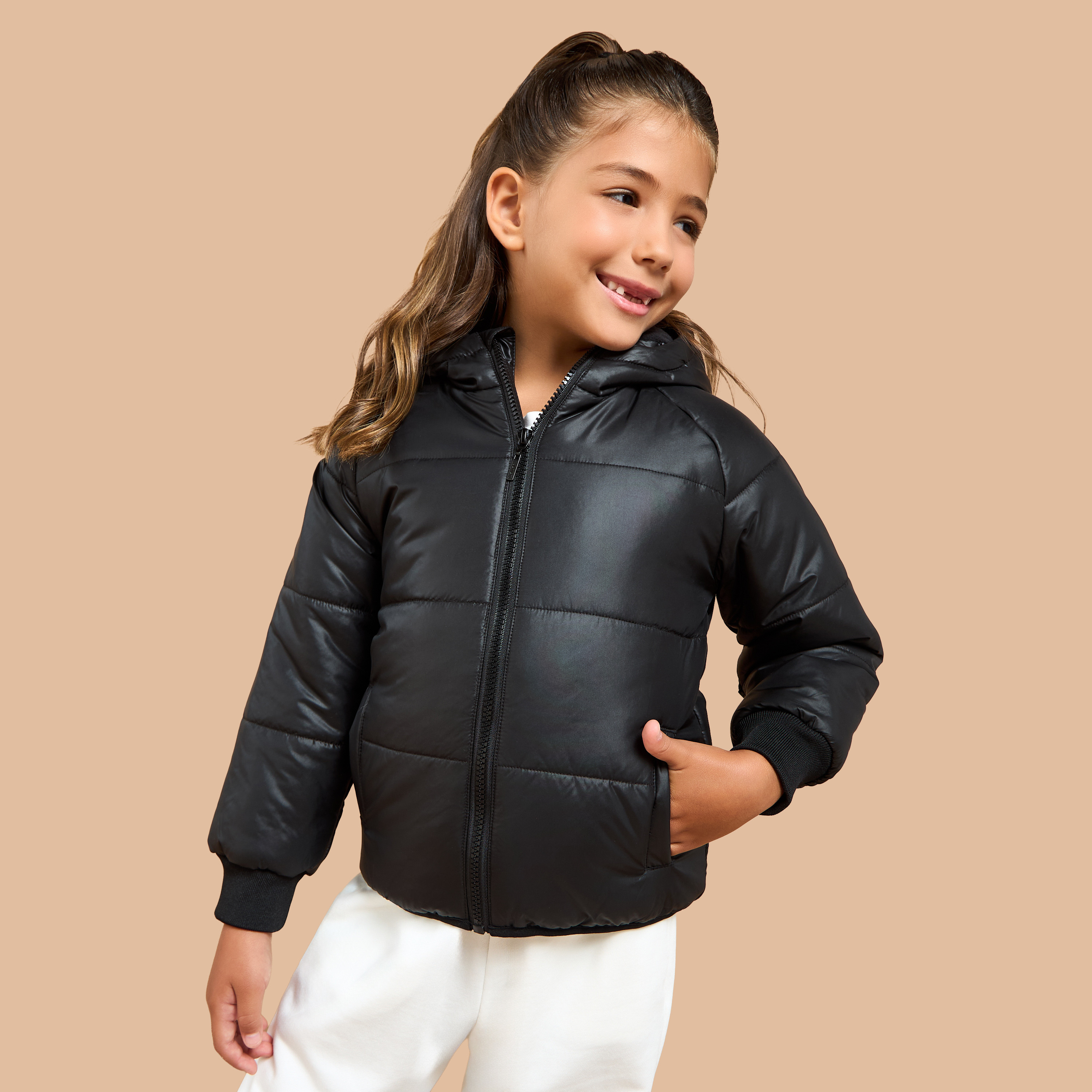 Juniors Quilted Hooded Jacket with Zip Closure-girls-clothing-winterwear-jacketsandcoats-image-1