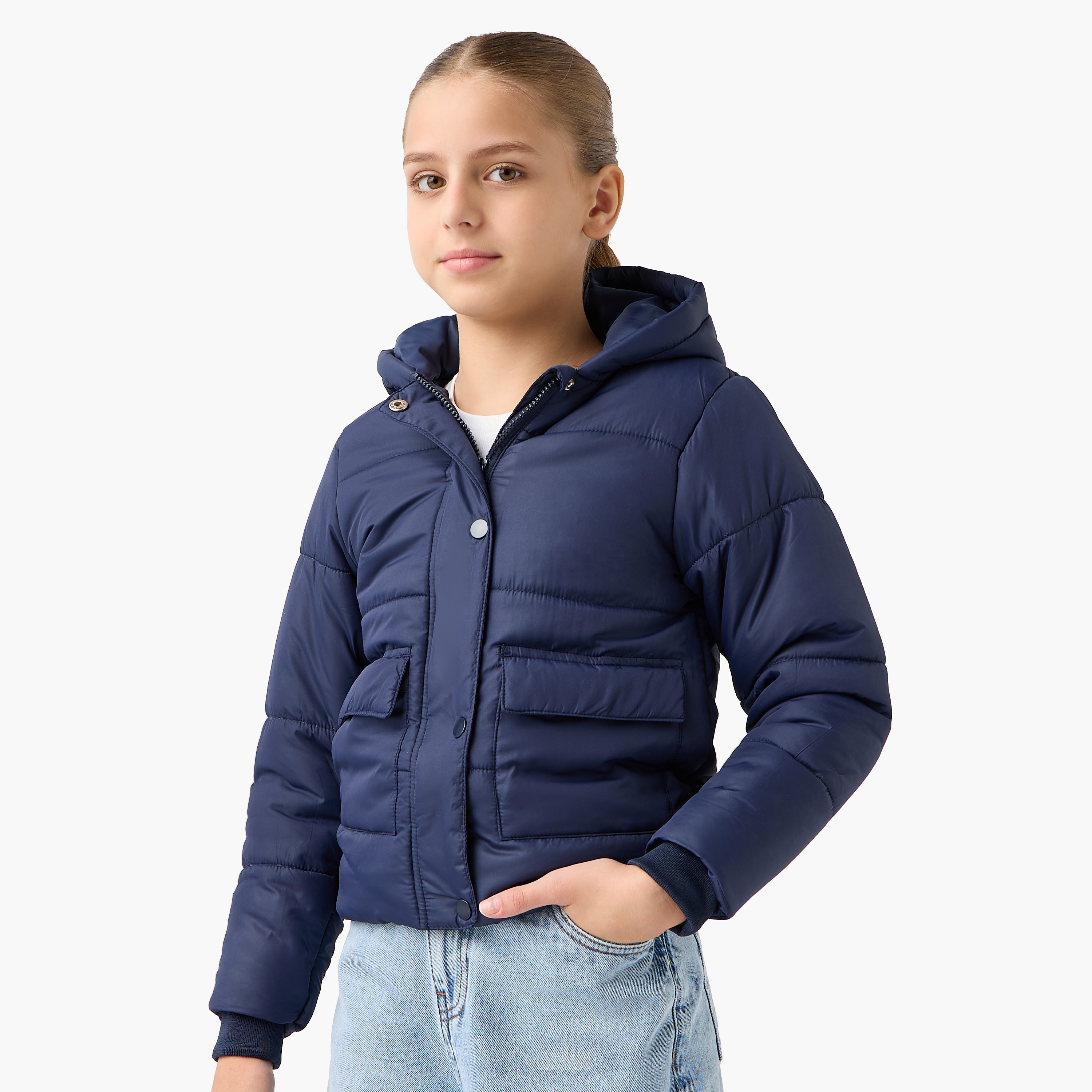 Juniors Solid Hooded Jacket with Long Sleeves and Pockets-girls-clothing-schoolwear-jacketsandcoats-image-1