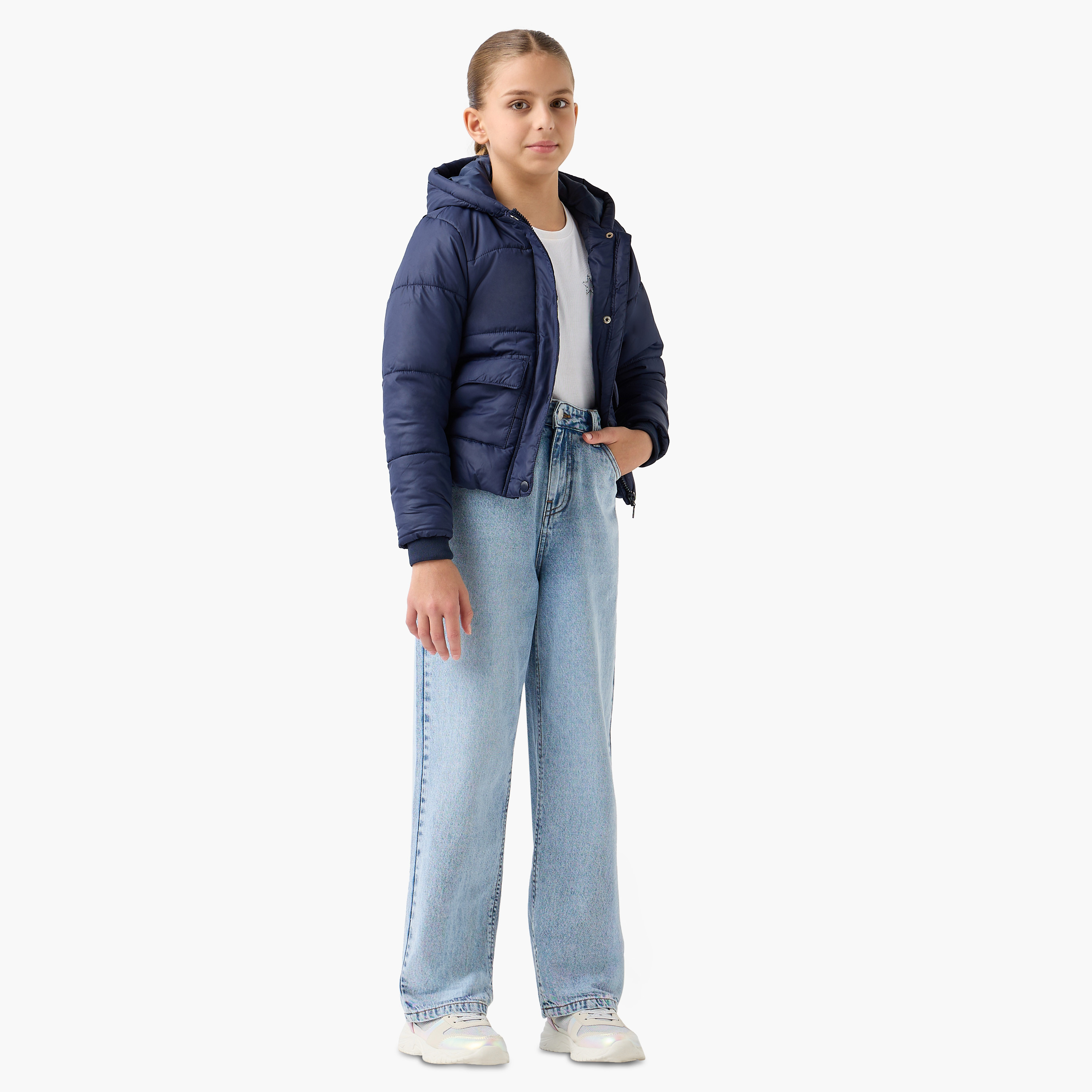 Juniors Solid Hooded Jacket with Long Sleeves and Pockets-girls-clothing-schoolwear-jacketsandcoats-image-2
