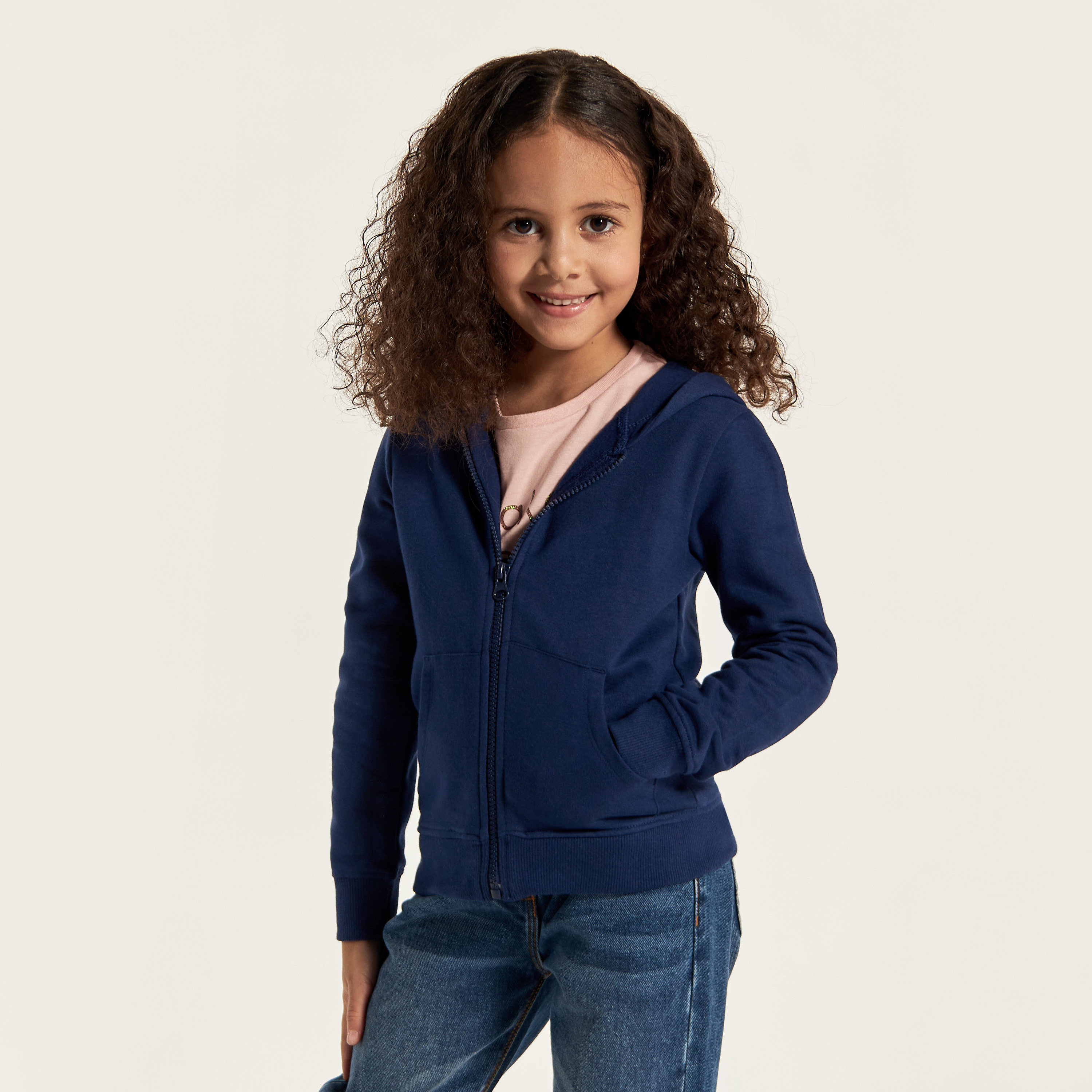 Juniors Solid Zip Through Jacket with Hood and Long Sleeves-girls-clothing-schoolwear-jacketsandcoats-image-1