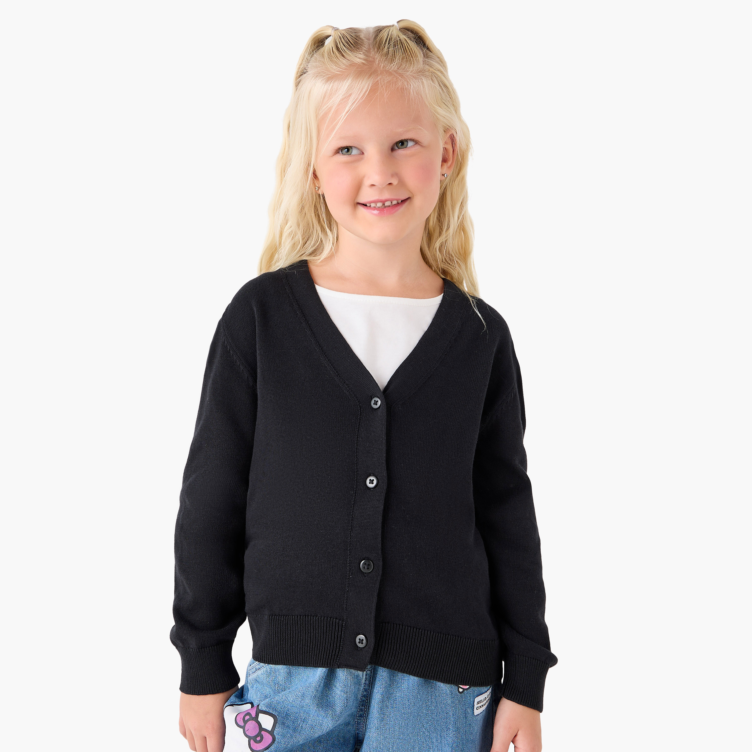 Juniors Solid Cardigan with V-neck and Long Sleeves-girls-clothing-winterwear-jumpersandcardigans-image-1