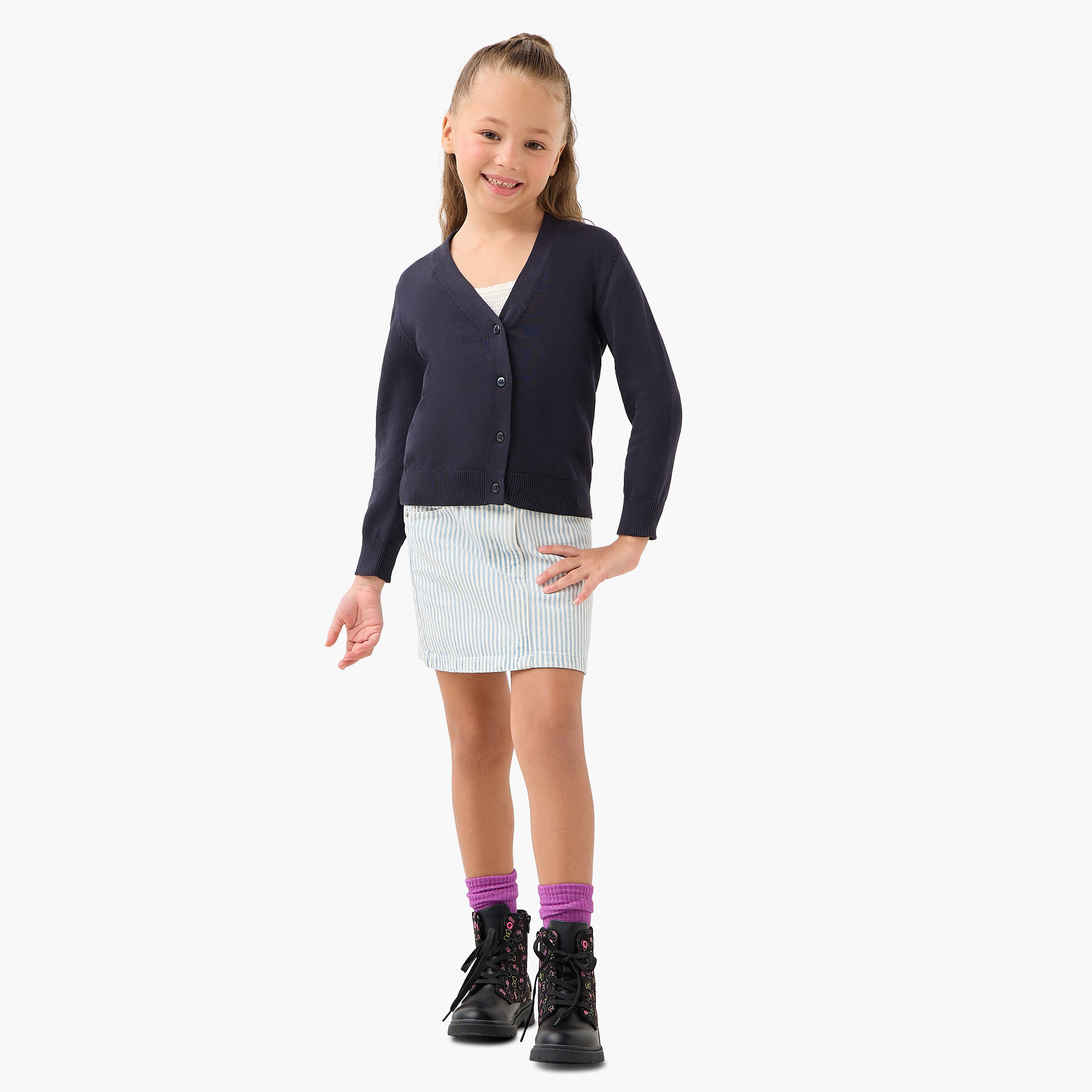 Juniors Solid Cardigan with V-neck and Long Sleeves-girls-clothing-winterwear-jumpersandcardigans-image-2
