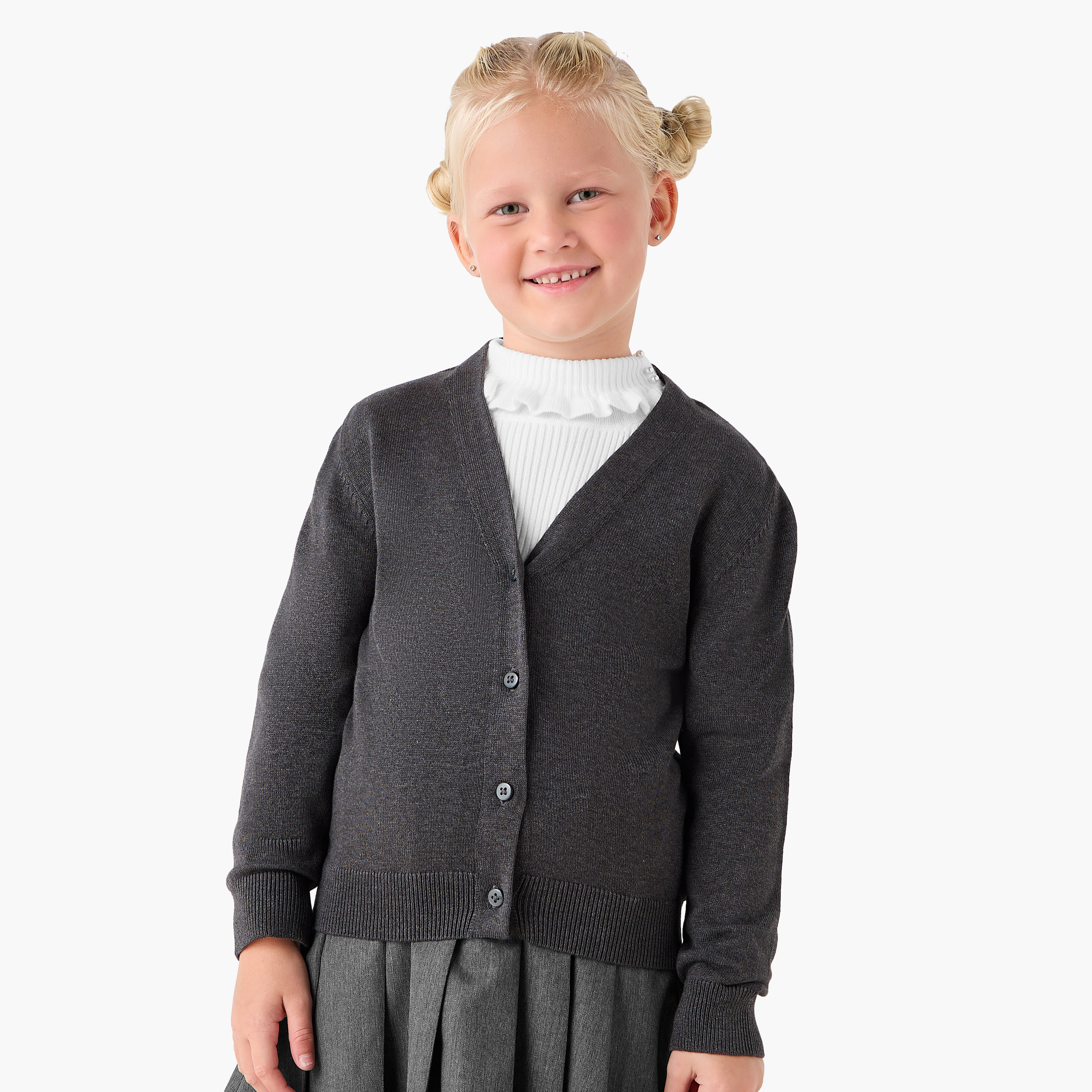 كارديغان جونيورز سادة بياقة على شكل V وأكمام طويلة-girls-clothing-winterwear-jumpersandcardigans-image-1