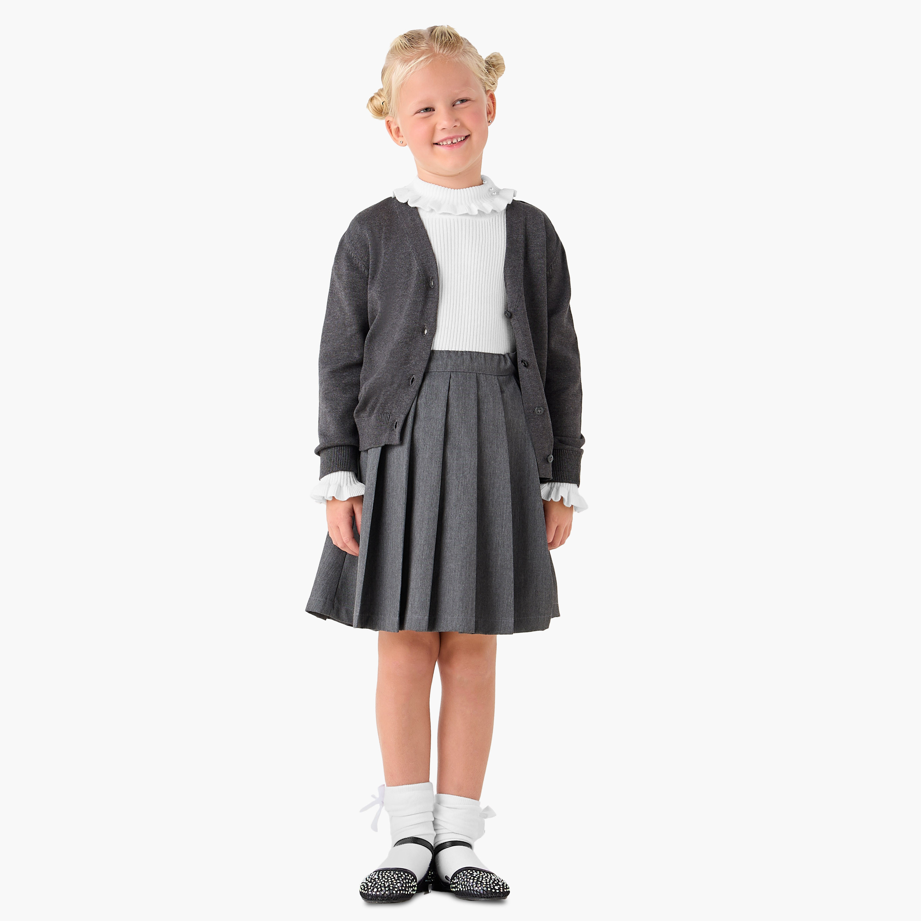 كارديغان جونيورز سادة بياقة على شكل V وأكمام طويلة-girls-clothing-winterwear-jumpersandcardigans-image-2