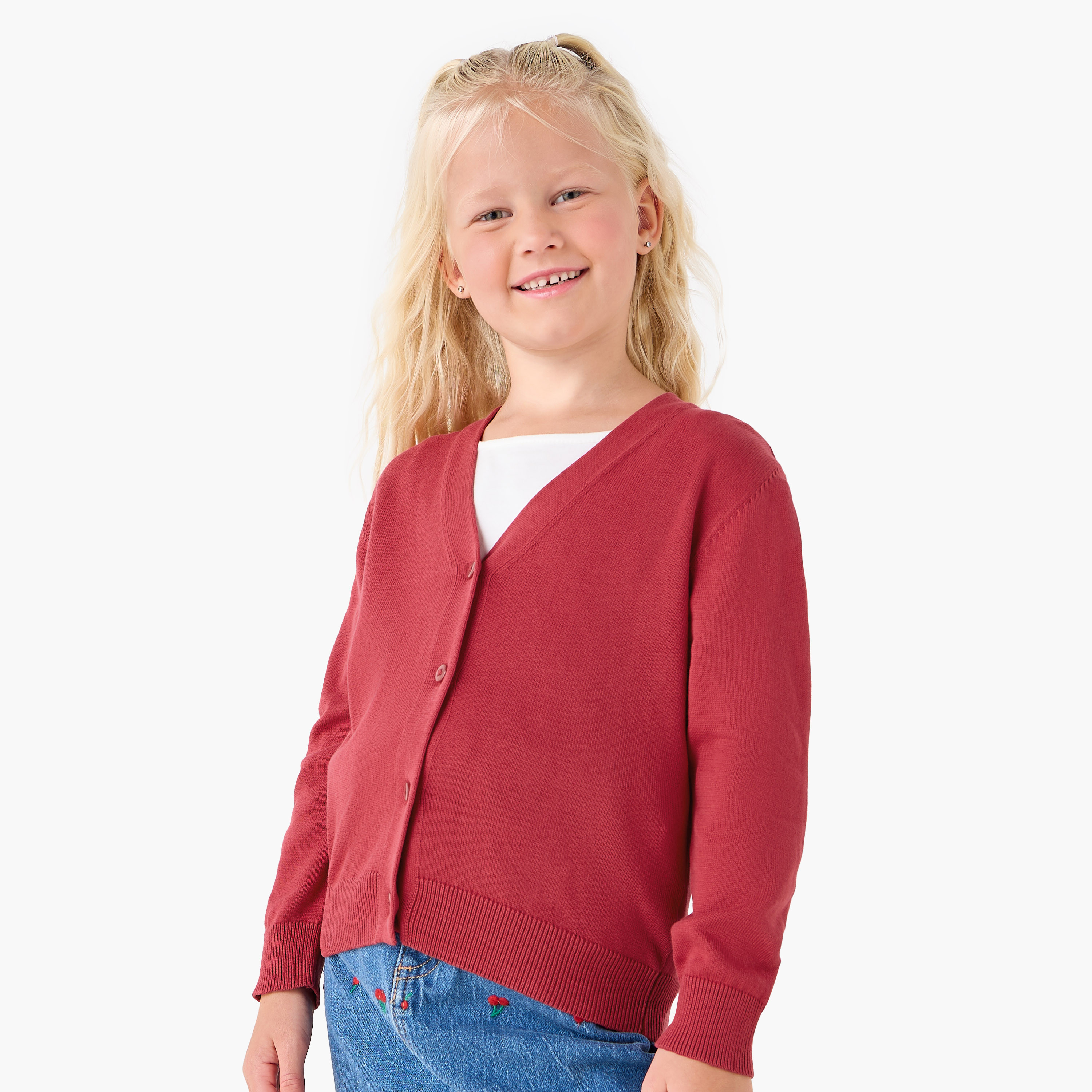 Juniors Solid Cardigan with V-neck and Long Sleeves-girls-clothing-schoolwear-jacketsandcoats-image-1