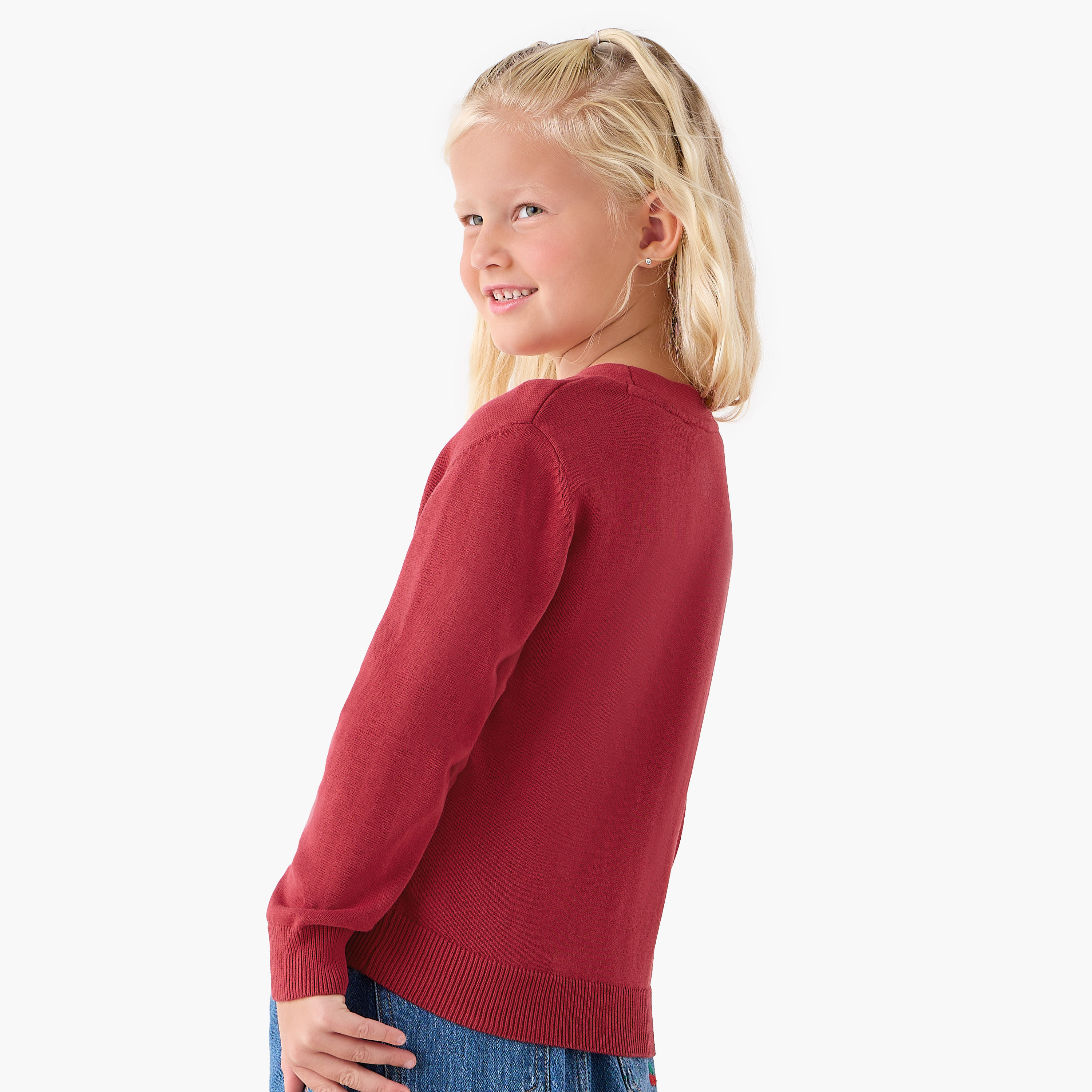 Juniors Solid Cardigan with V-neck and Long Sleeves-girls-clothing-schoolwear-jacketsandcoats-image-3