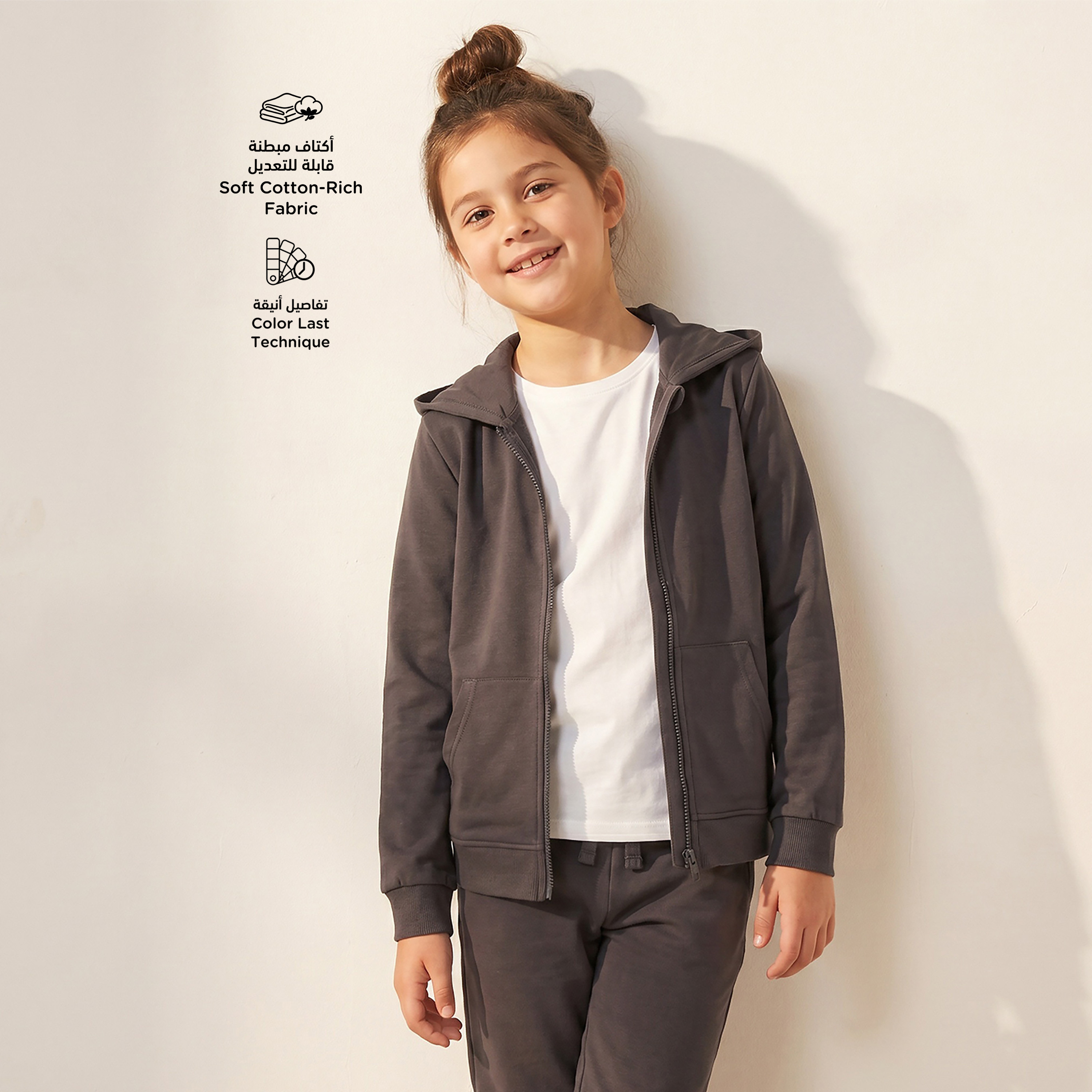 طقم سويت شيرت سادة بقبعة وأكمام طويلة وبنطلون رياضي من جونيورز-girls-clothing-setsandcoords-image-2