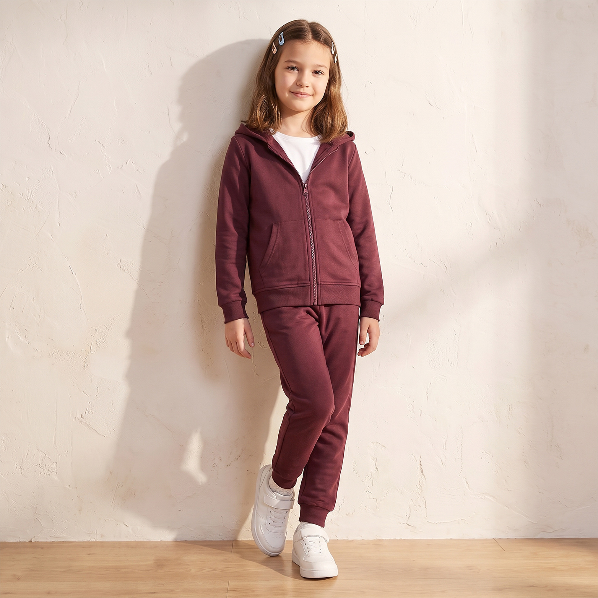 طقم سويت شيرت سادة بقبعة وأكمام طويلة وبنطلون رياضي من جونيورز-girls-clothing-setsandcoords-image-1