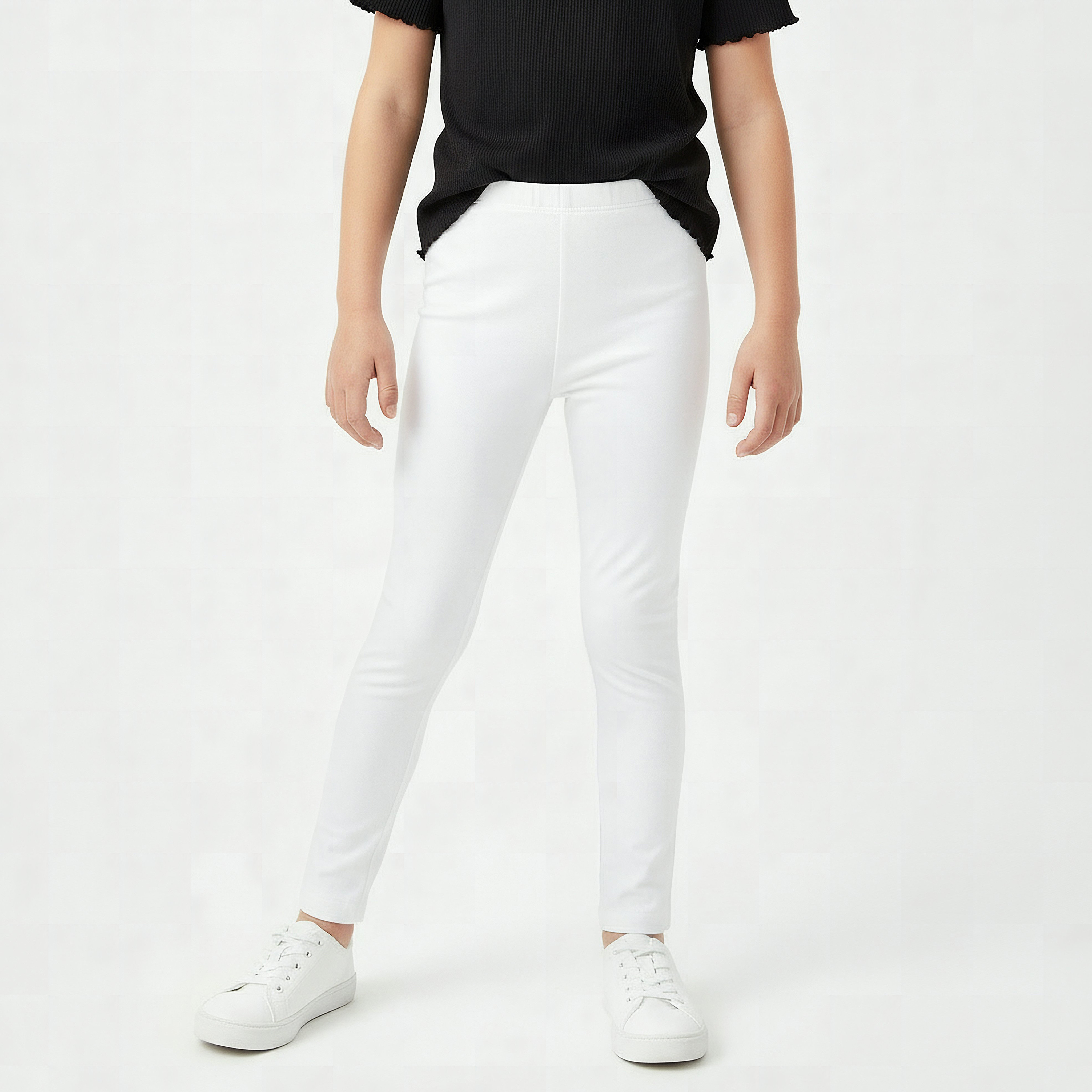 Juniors White Cotton School Leggings with Elastic Waist - Girls-girls-clothing-schoolwear-bottoms-leggings-image-1