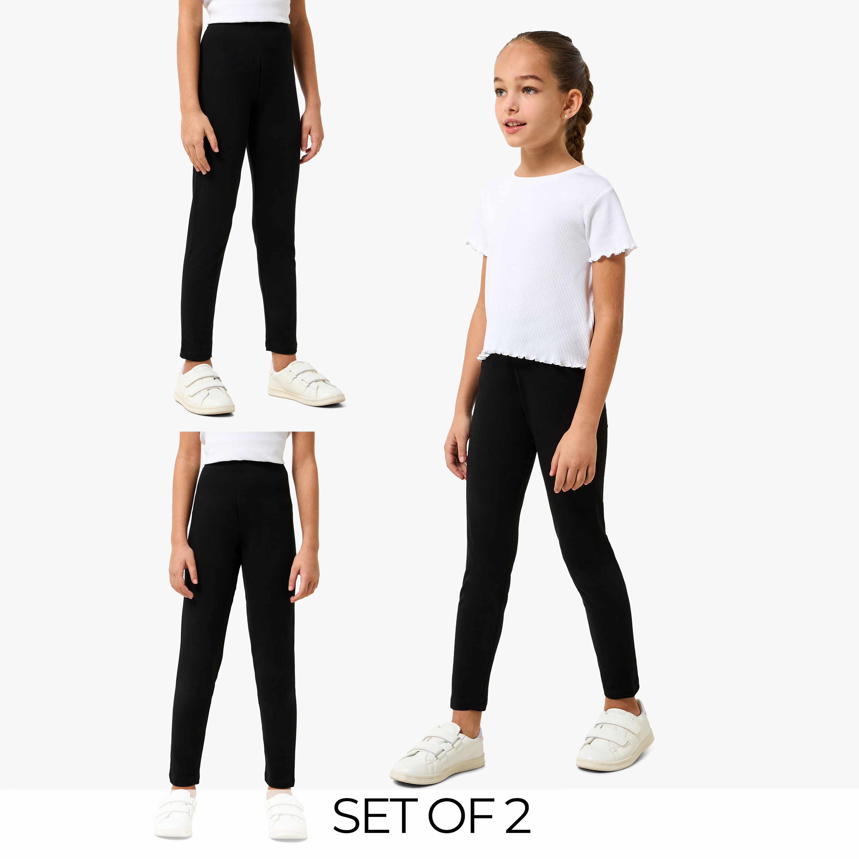 Pack of 2 Juniors Black Cotton School Leggings with Elastic Waistband - Girls-girls-clothing-schoolwear-bottoms-leggings-image-1