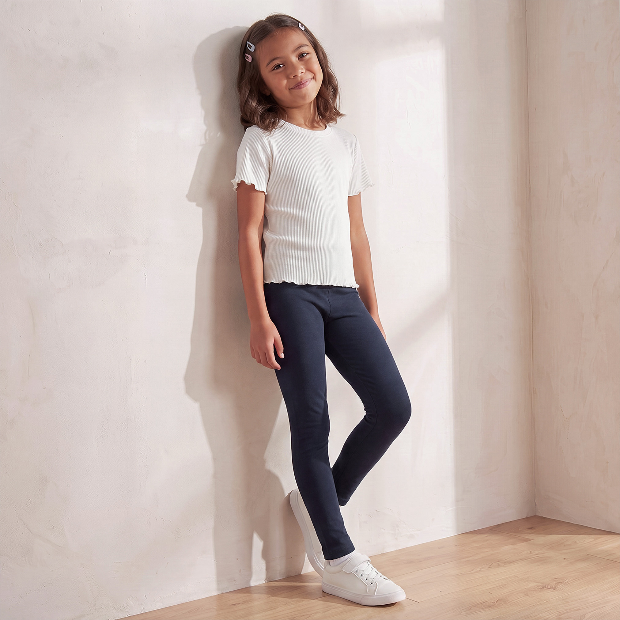 Pack of 2 Juniors Multicolour Cotton School Leggings with Elastic Waistband - Girls-girls-clothing-schoolwear-bottoms-leggings-image-8
