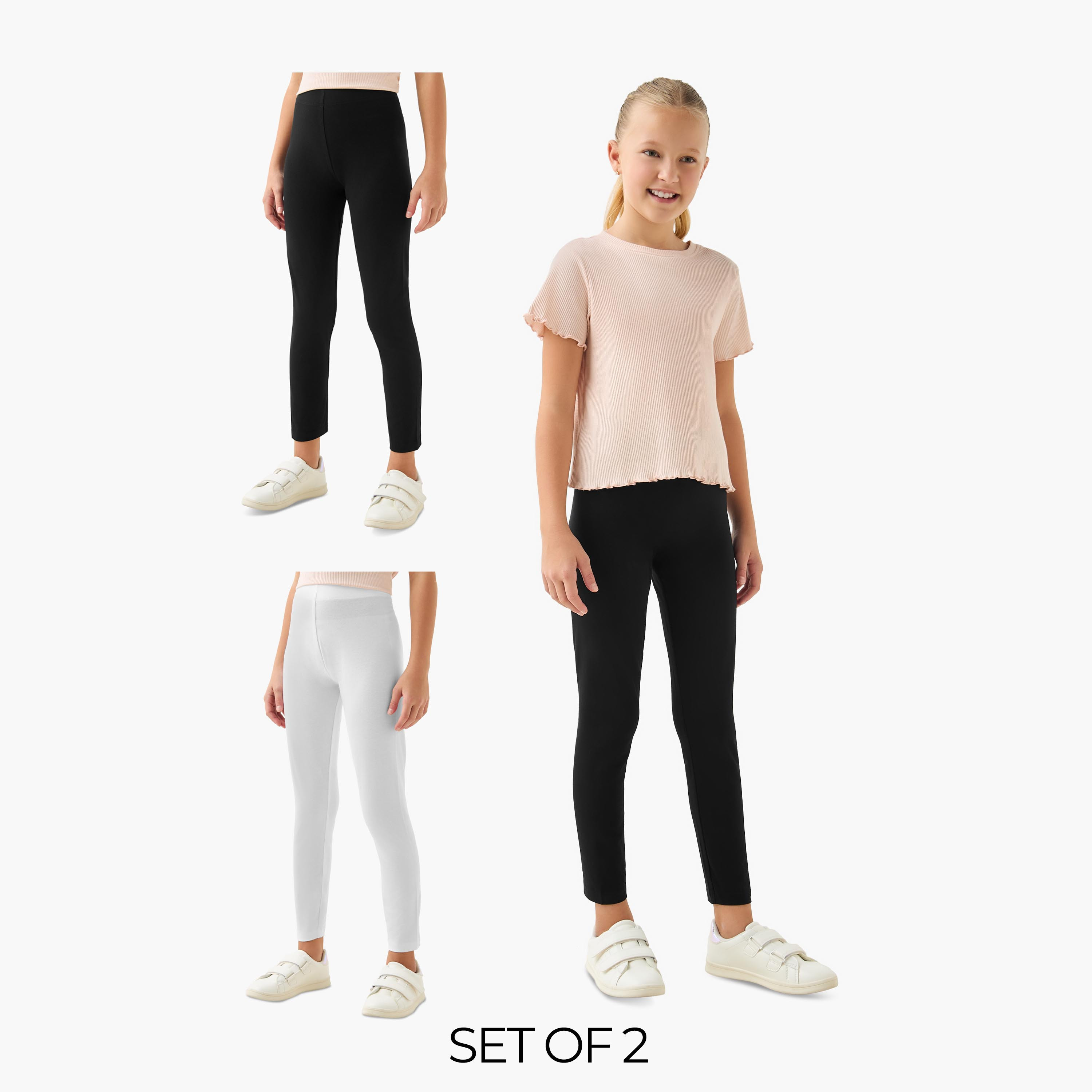 طقم ليقنز مدرسي قطن سادة بخصر مطاطي قطعتين للبنات من جونيورز-girls-clothing-bottoms-leggings-image-7
