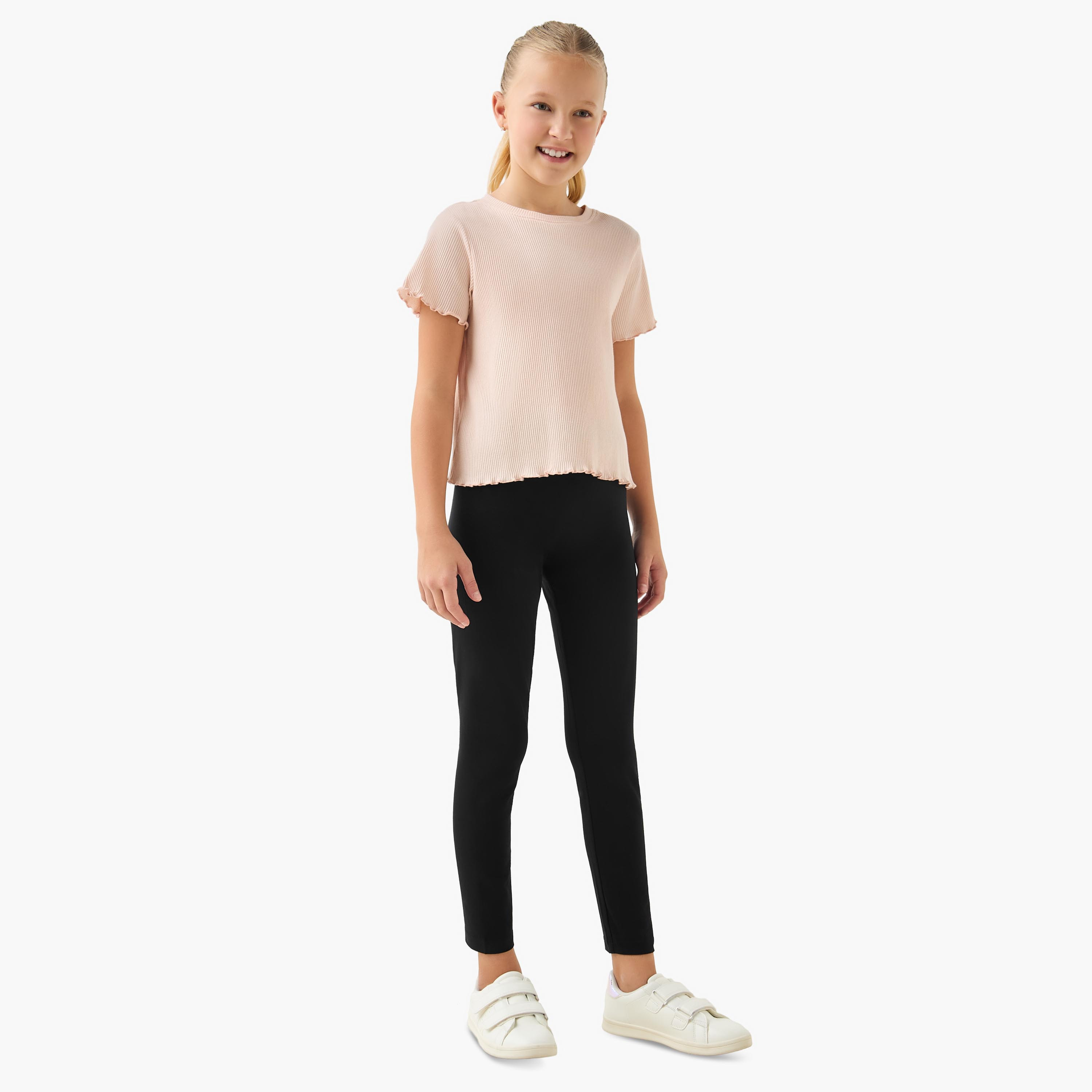 طقم ليقنز مدرسي قطن سادة بخصر مطاطي قطعتين للبنات من جونيورز-girls-clothing-bottoms-leggings-image-1
