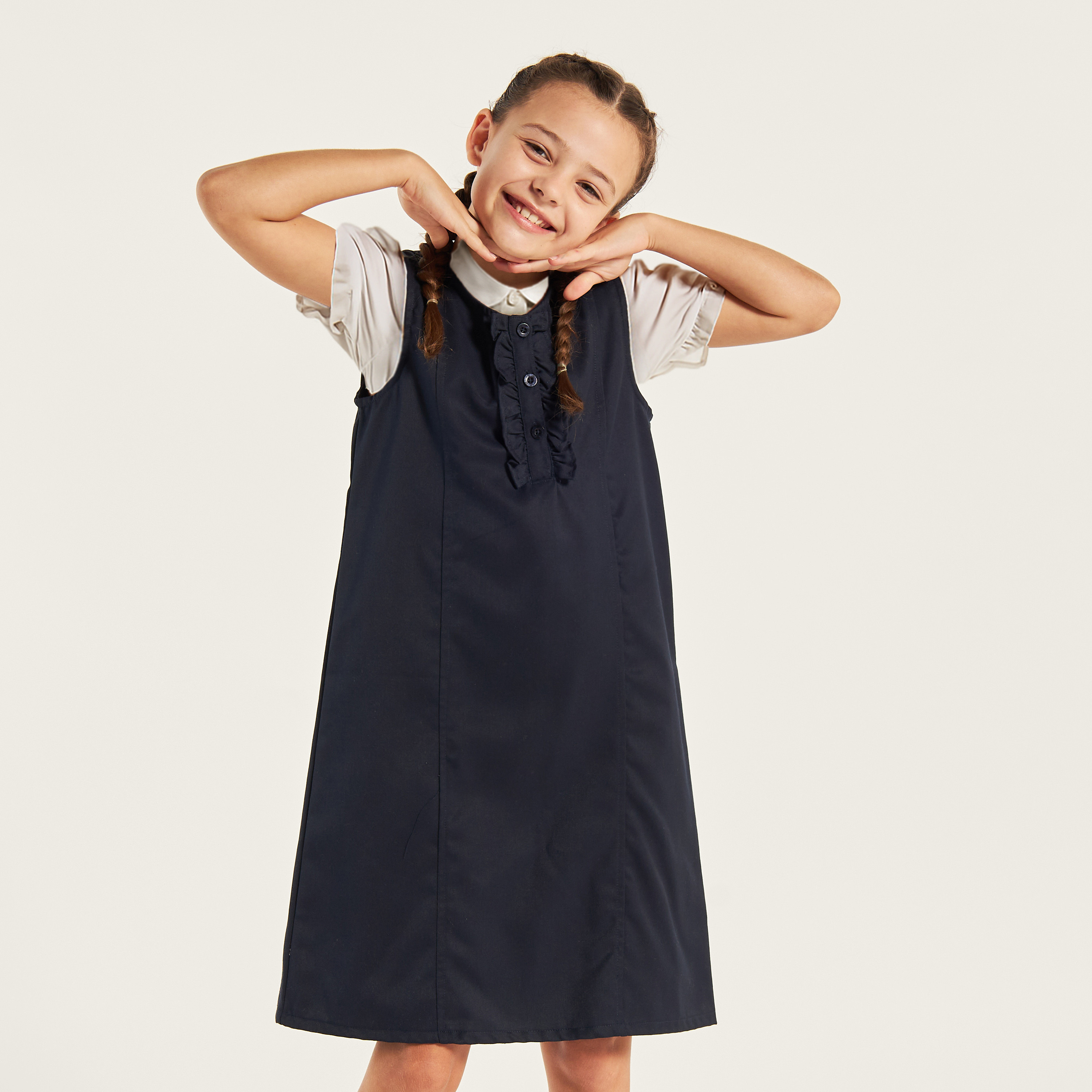 Juniors Solid Pinafore with Ruffle Detail-girls-clothing-dressesandjumpsuits-image-2