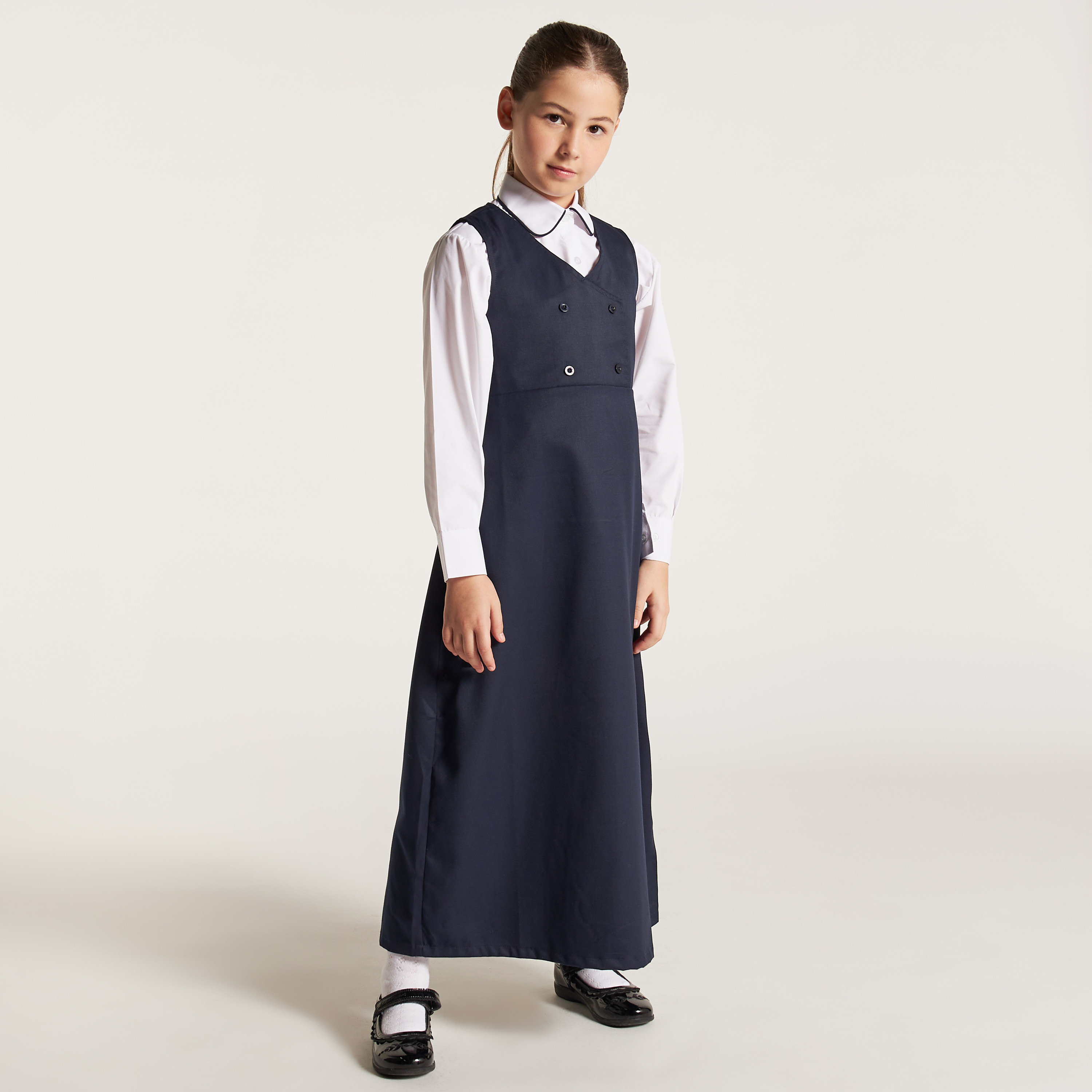 Juniors Solid V-neck Pinafore with Button Detail-girls-clothing-dressesandjumpsuits-image-2