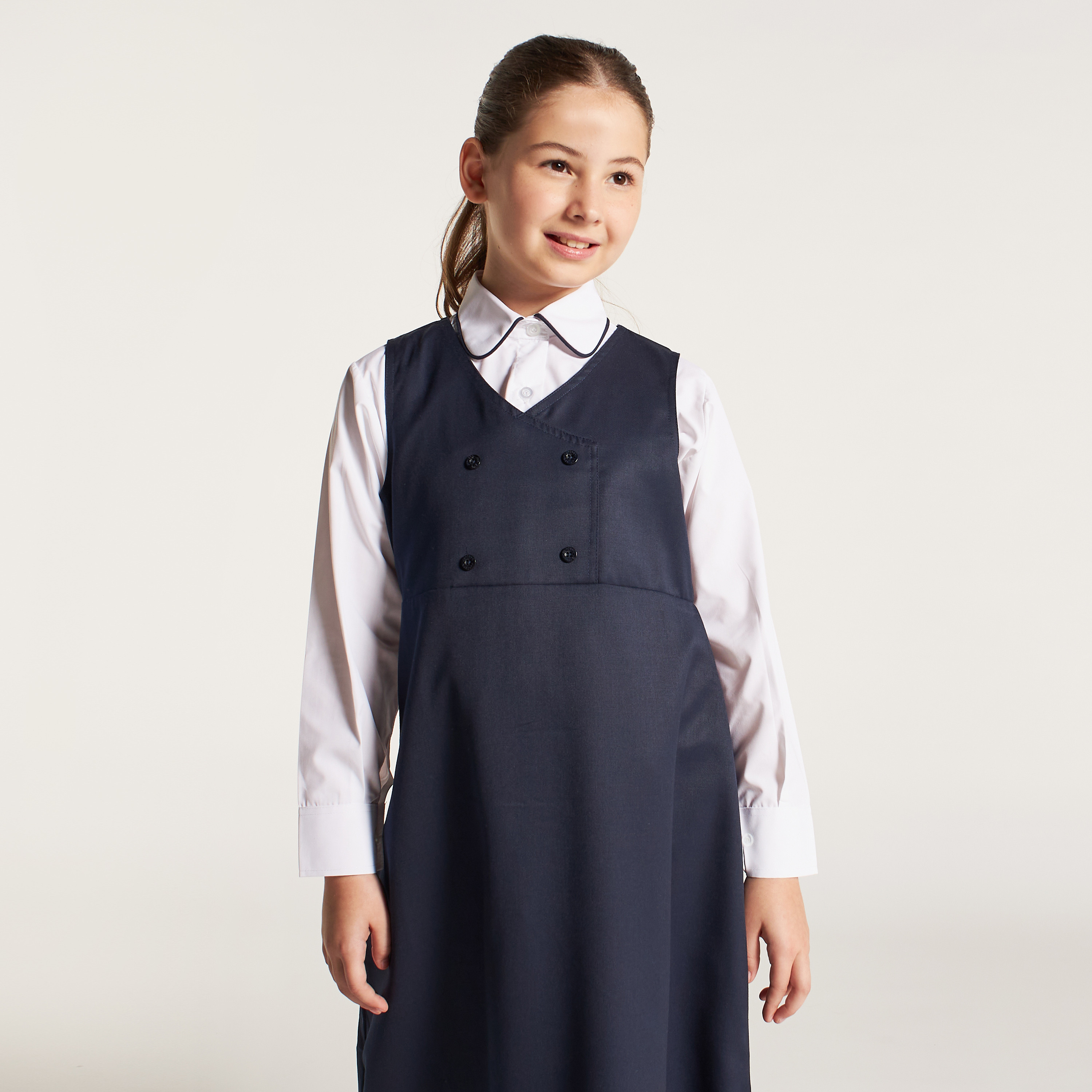 Juniors Solid V-neck Pinafore with Button Detail-girls-clothing-dressesandjumpsuits-image-3