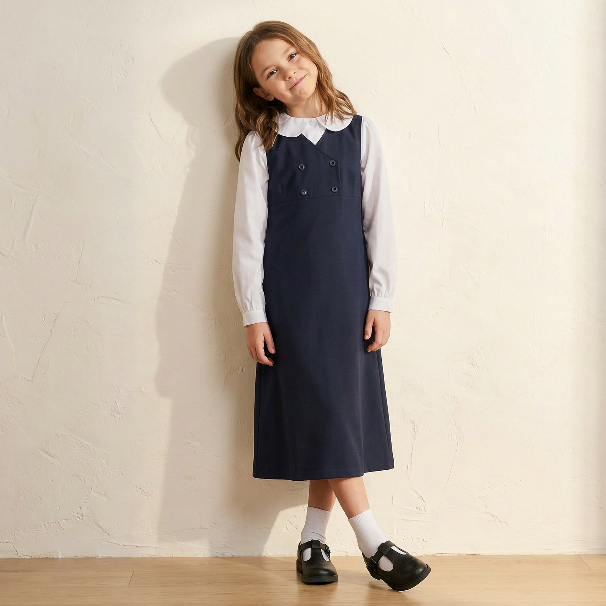 Juniors Solid V-neck Pinafore with Button Detail-girls-clothing-dressesandjumpsuits-image-6