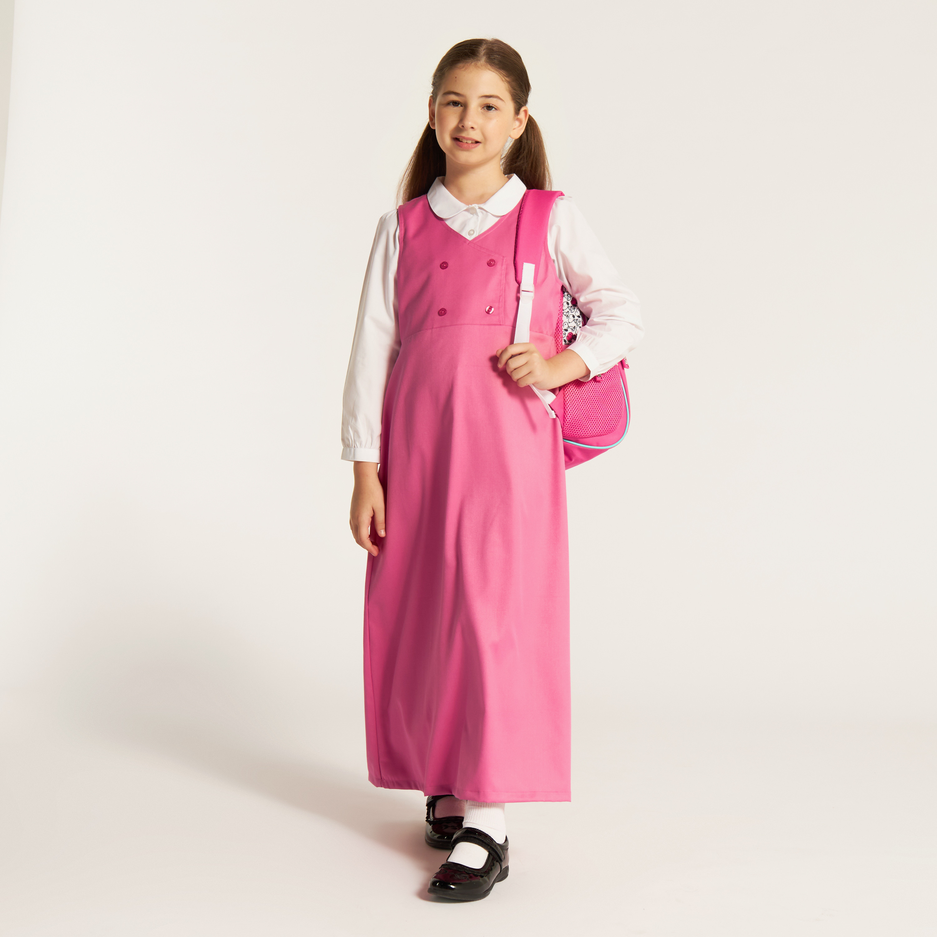 Juniors Solid V-neck Pinafore with Button Detail-girls-clothing-dressesandjumpsuits-image-1