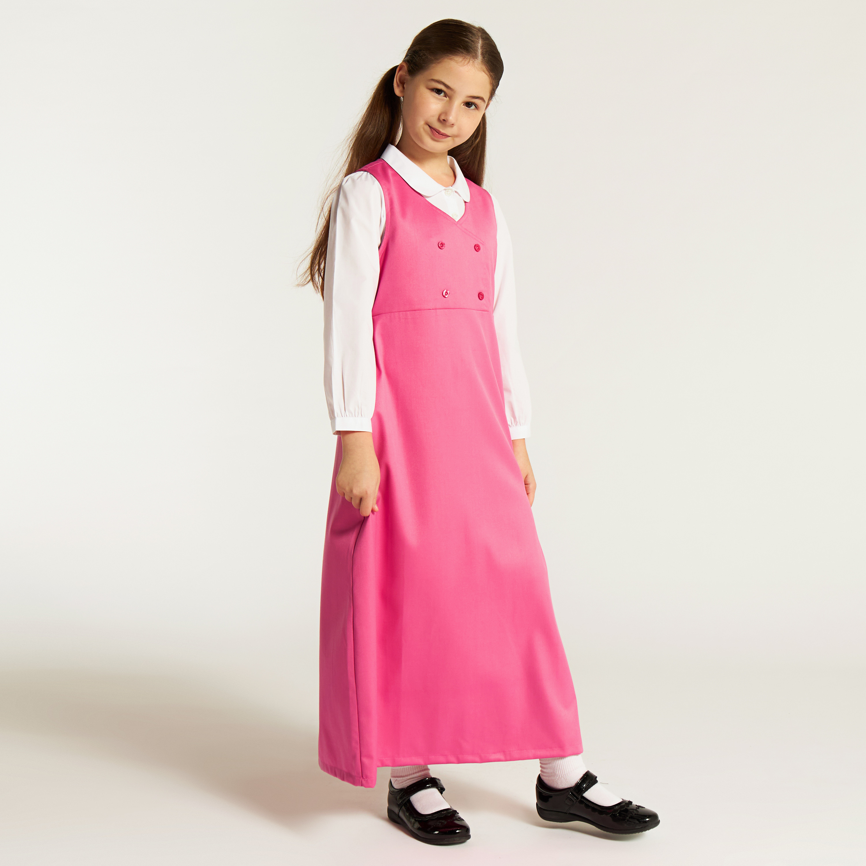 Juniors Solid V-neck Pinafore with Button Detail-girls-clothing-dressesandjumpsuits-image-2