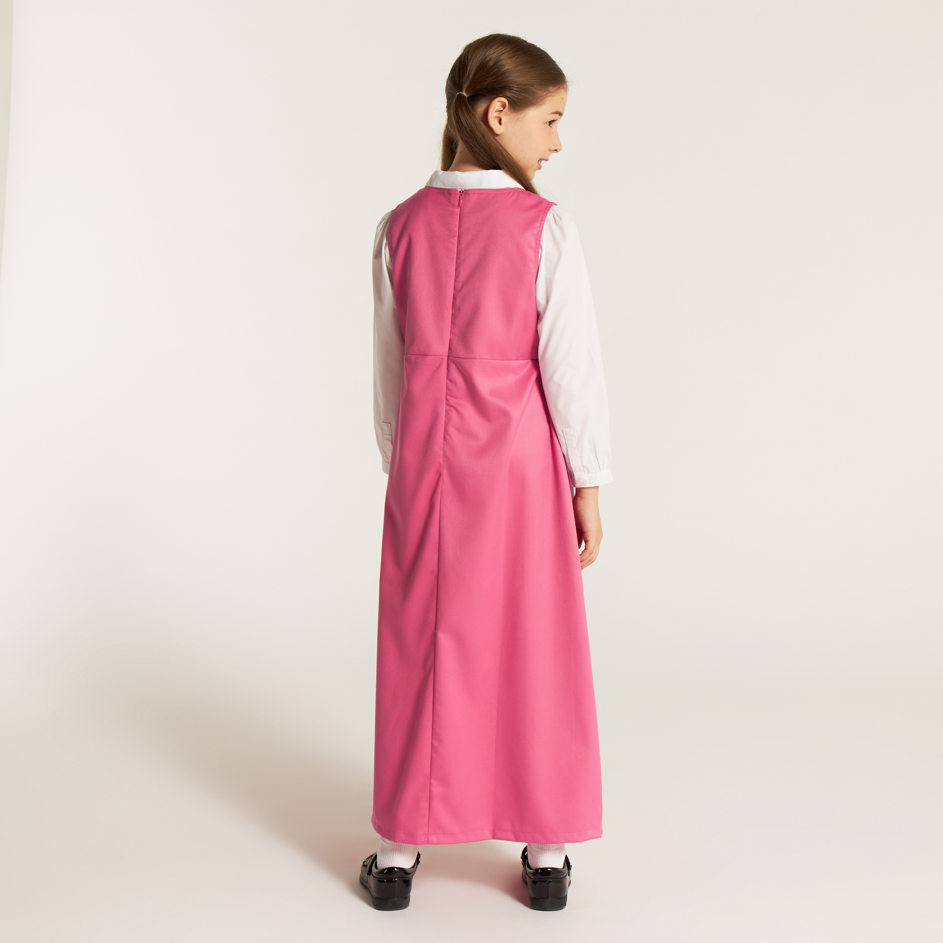 Juniors Solid V-neck Pinafore with Button Detail-girls-clothing-dressesandjumpsuits-image-4