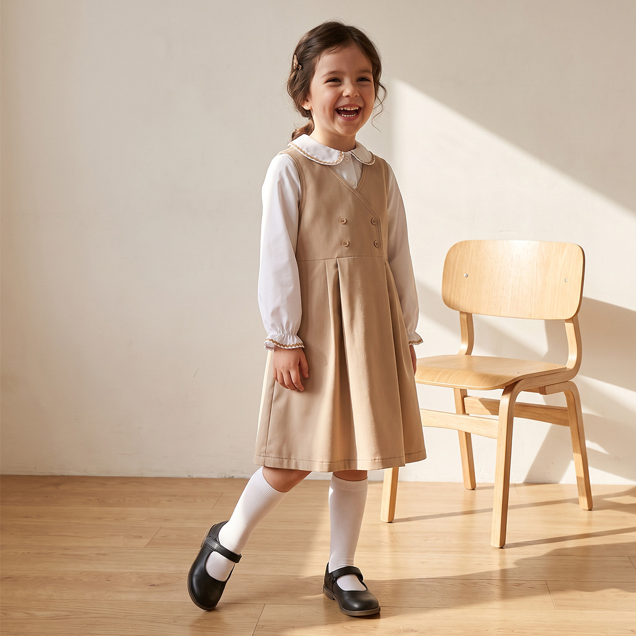 Juniors Solid Pinafore Dress with Button Detail-girls-clothing-dressesandjumpsuits-image-1