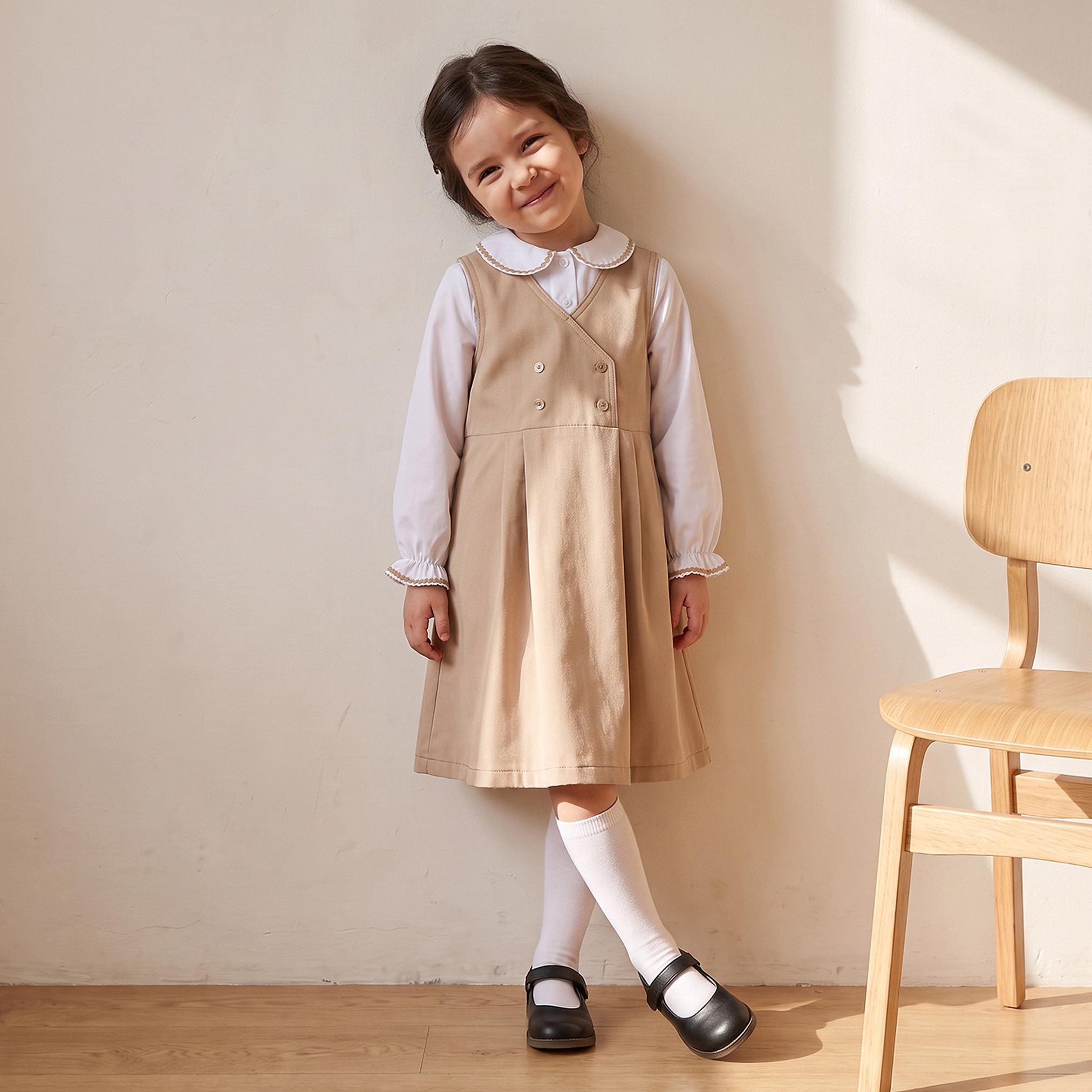 Juniors Solid Pinafore Dress with Button Detail-girls-clothing-dressesandjumpsuits-image-3