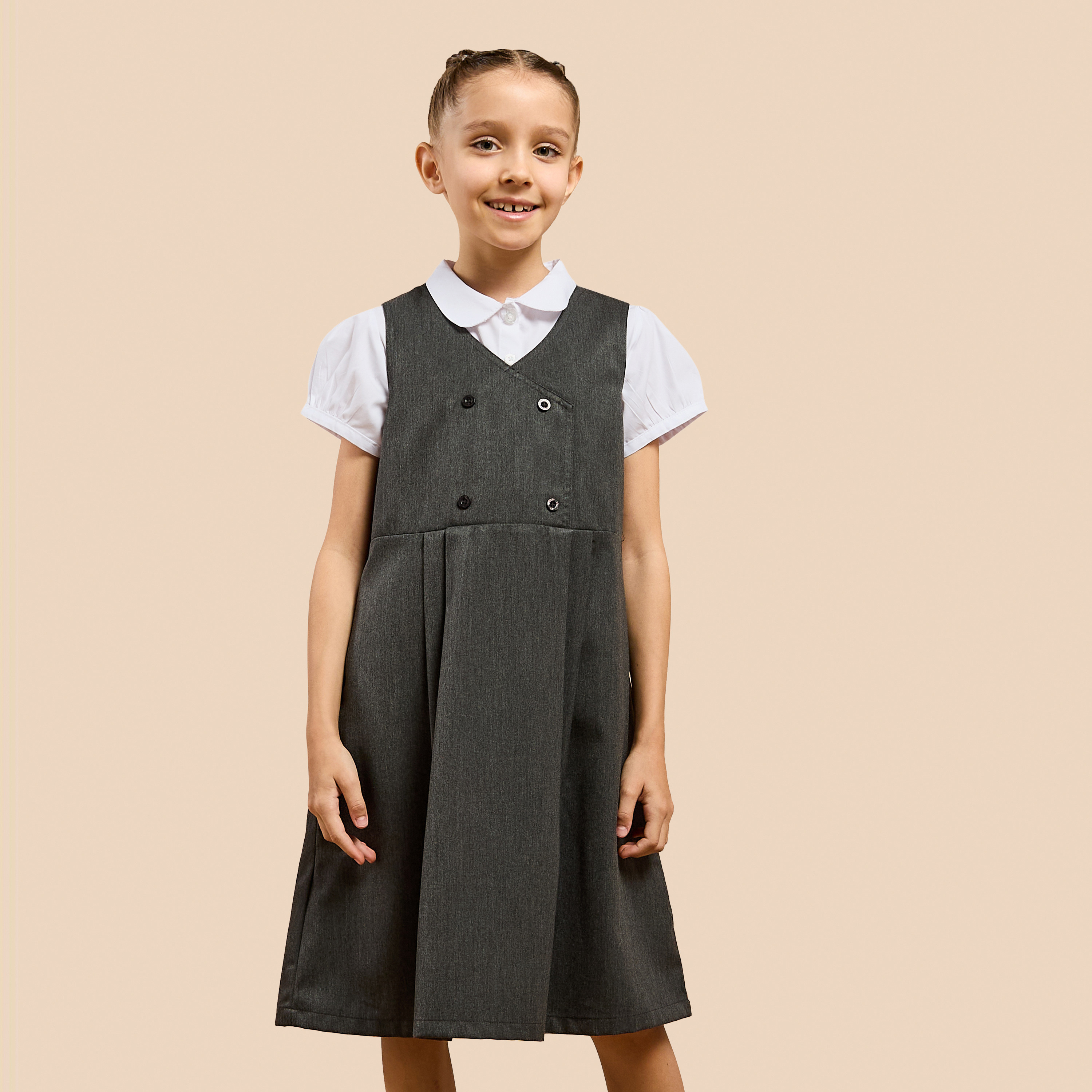 Juniors Solid Pinafore Dress with Button Detail-girls-clothing-dressesandjumpsuits-image-1