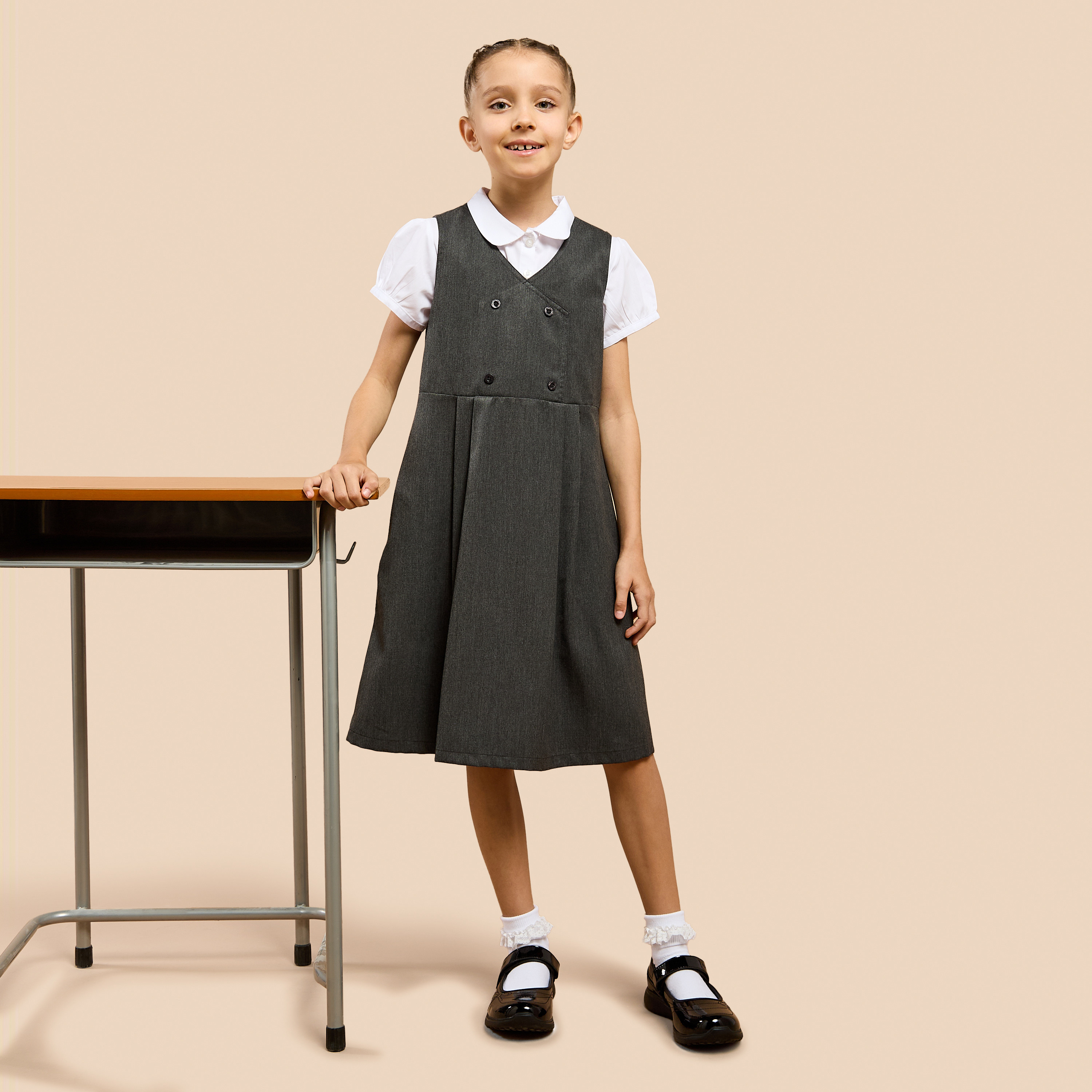Juniors Solid Pinafore Dress with Button Detail-girls-clothing-dressesandjumpsuits-image-2