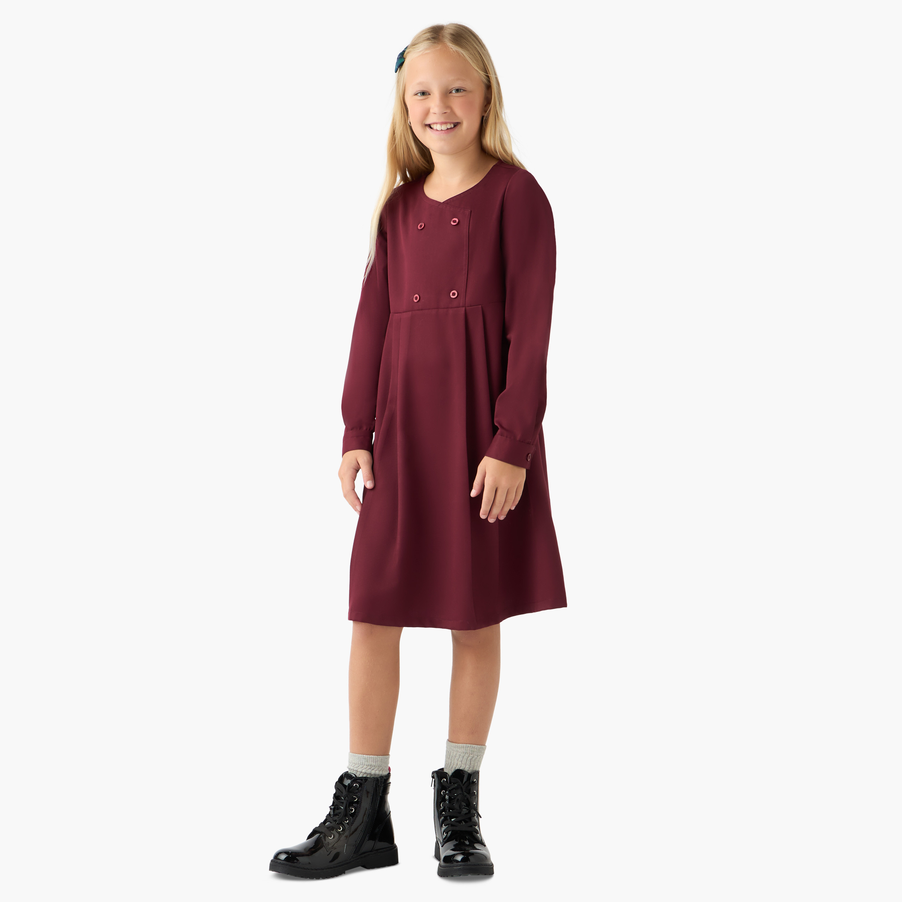 Juniors Solid Pinafore Dress with Button Detail-girls-clothing-dressesandjumpsuits-image-2