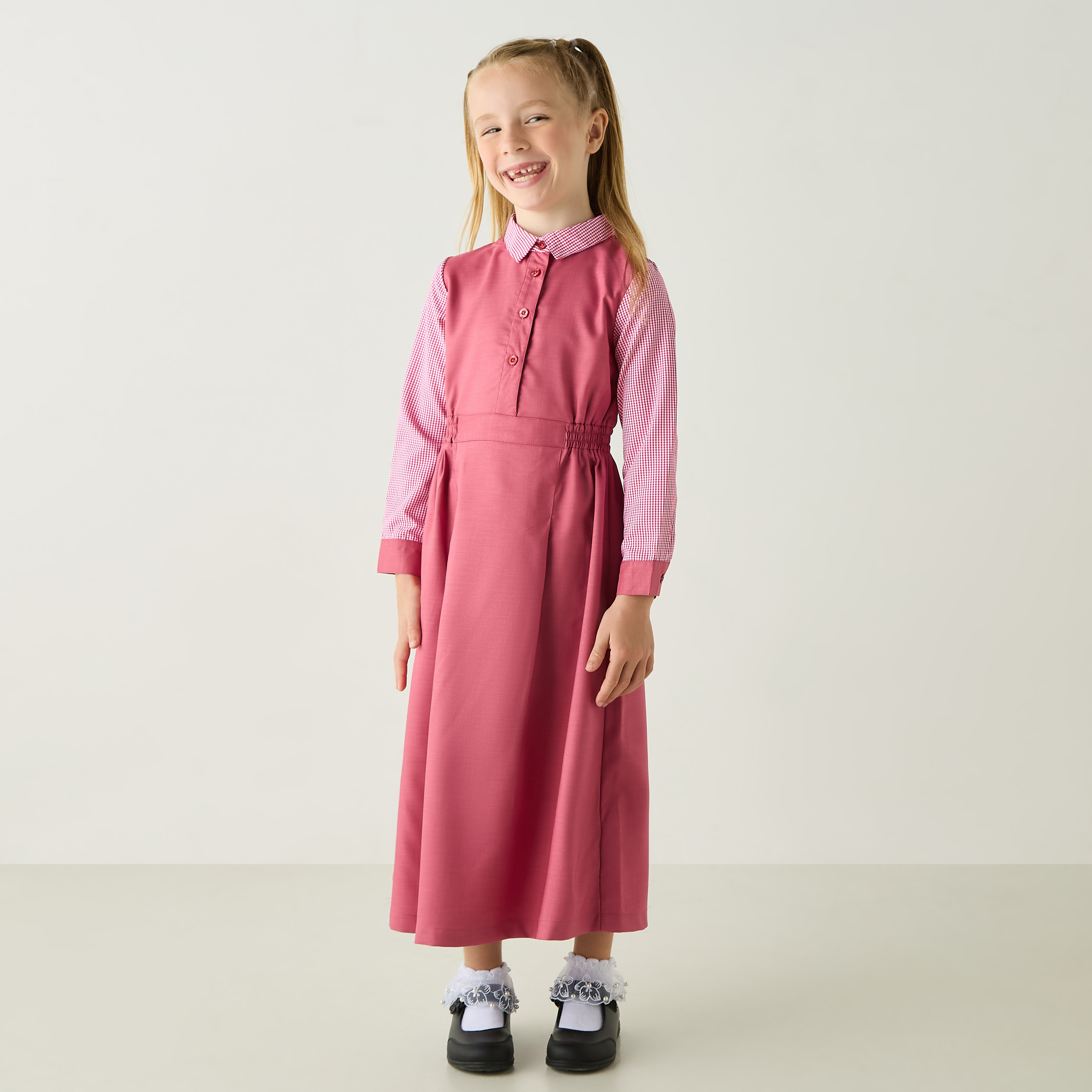 Juniors Solid Dress with Collared Neck and Long Sleeves-girls-clothing-dressesandjumpsuits-image-1