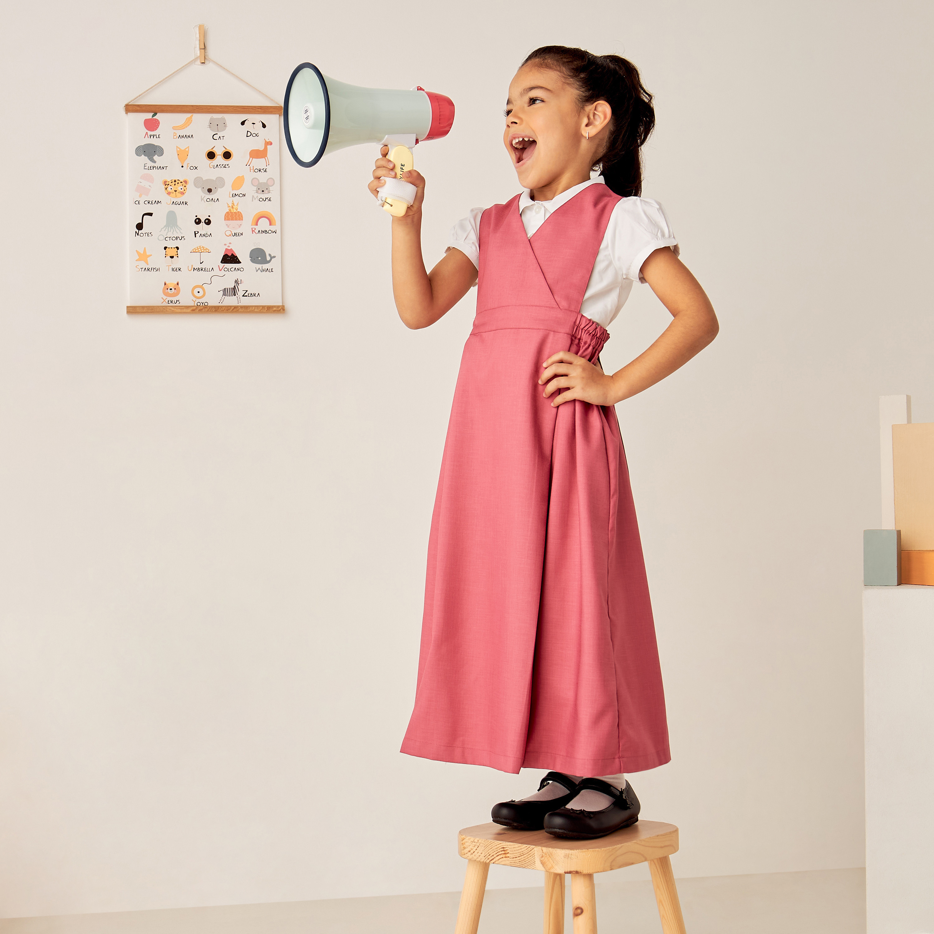 Juniors Solid V-neck Pinafore with Elasticated Waist Detail-girls-clothing-dressesandjumpsuits-image-1