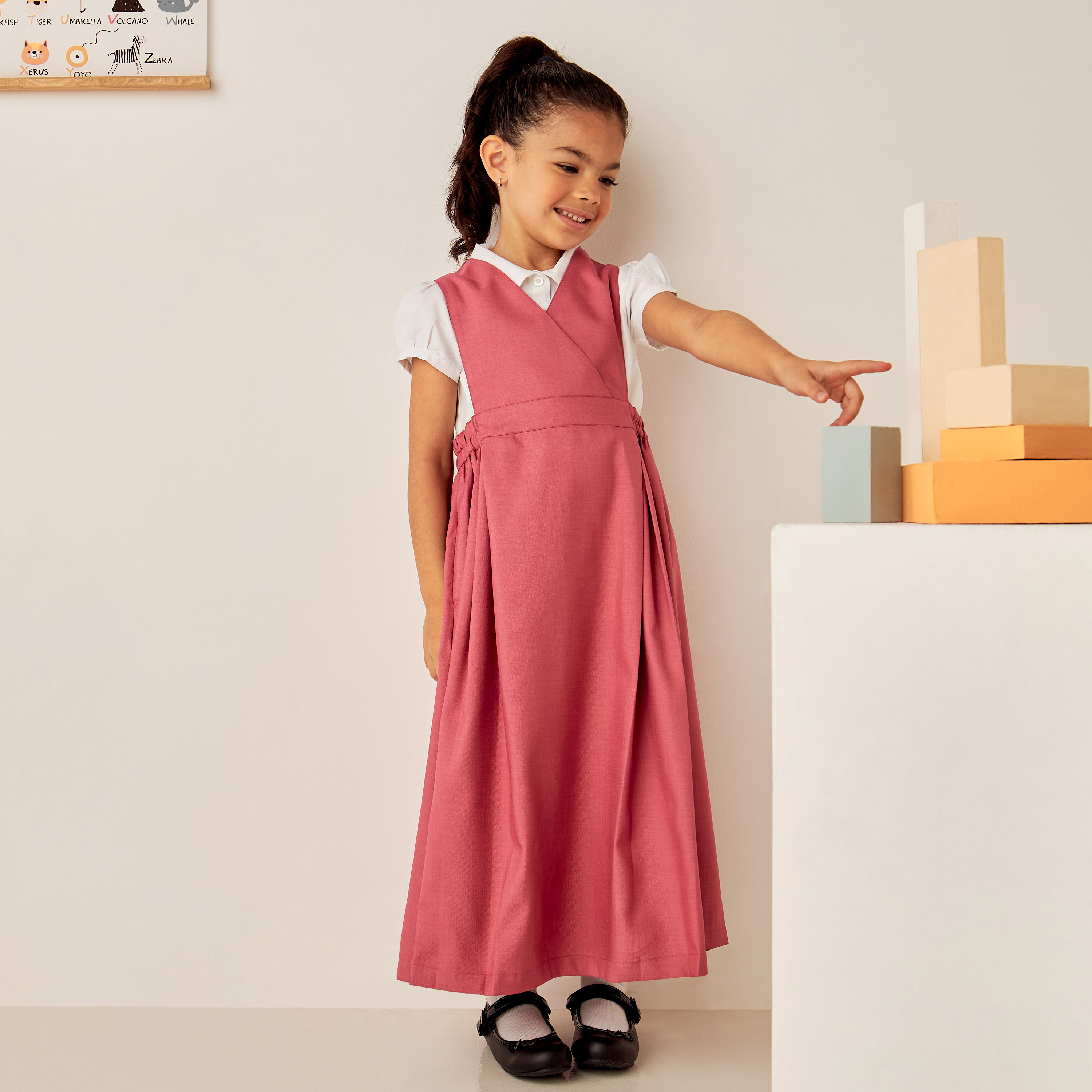 Juniors Solid V-neck Pinafore with Elasticated Waist Detail-girls-clothing-dressesandjumpsuits-image-2