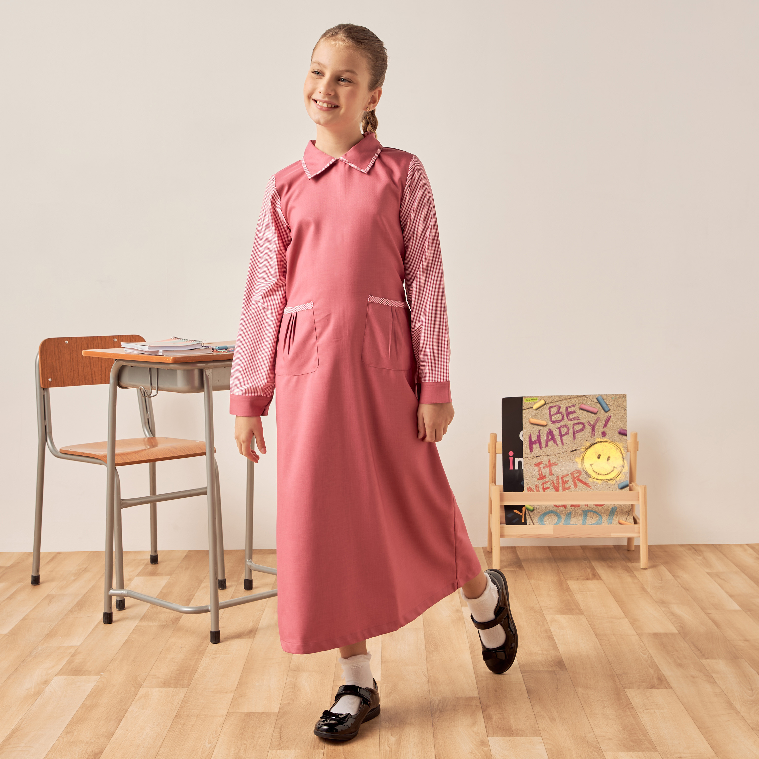 Juniors Checked Sleeves Dress with Point Collar and Pockets-girls-clothing-dressesandjumpsuits-image-2