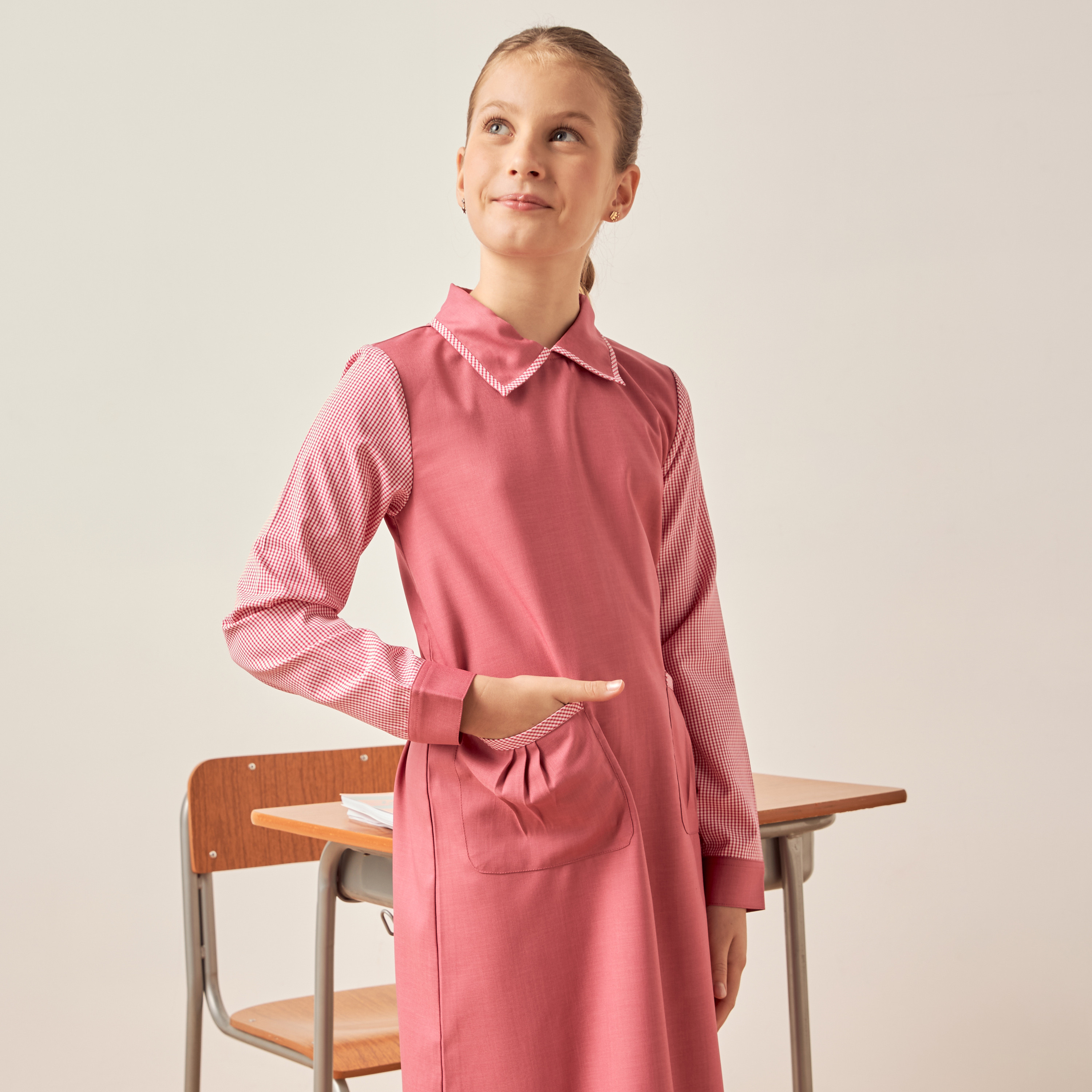 Juniors Checked Sleeves Dress with Point Collar and Pockets-girls-clothing-dressesandjumpsuits-image-3