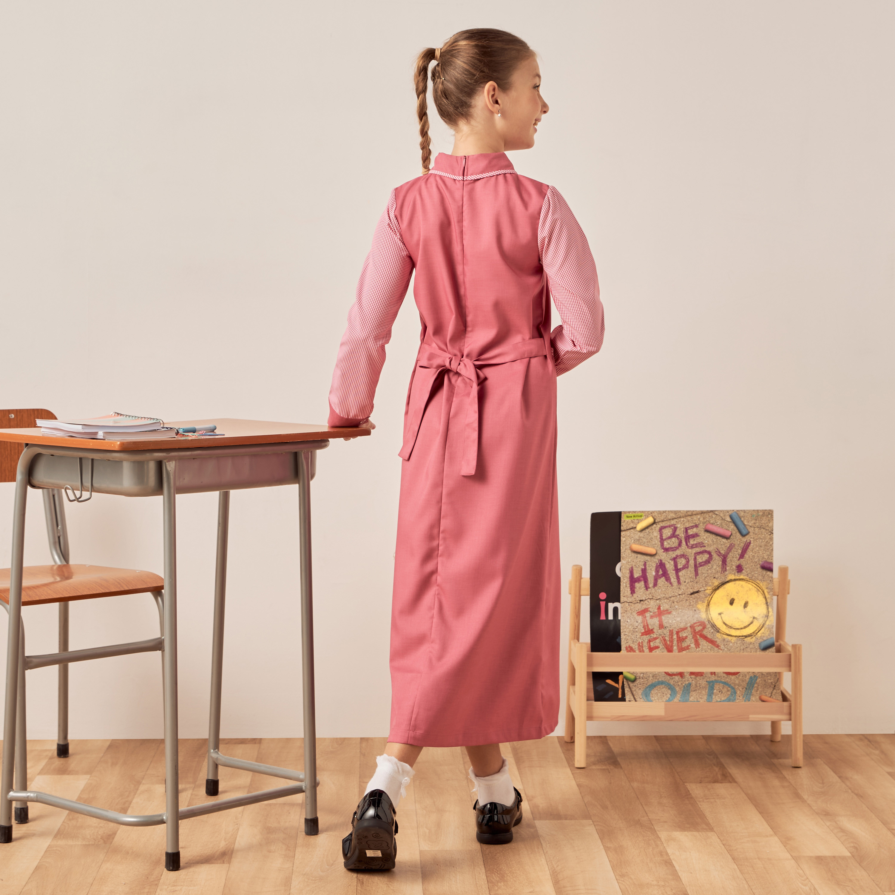 Juniors Checked Sleeves Dress with Point Collar and Pockets-girls-clothing-dressesandjumpsuits-image-4