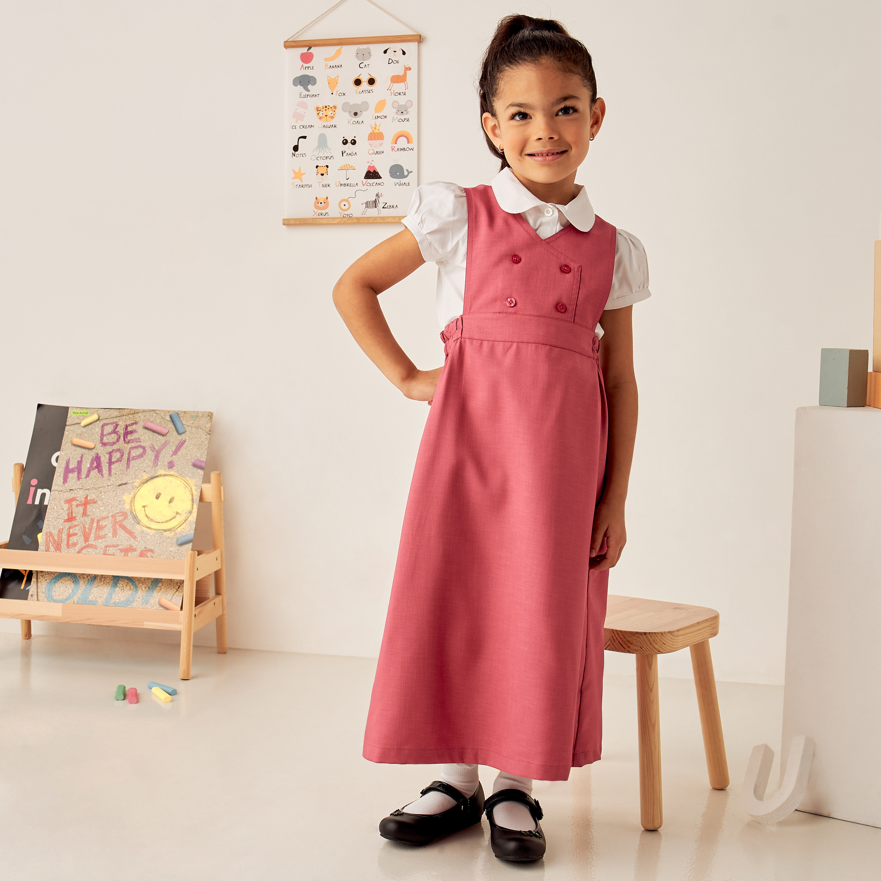 Juniors Solid Pinafore with V-neck and Button Detail-girls-clothing-dressesandjumpsuits-image-1