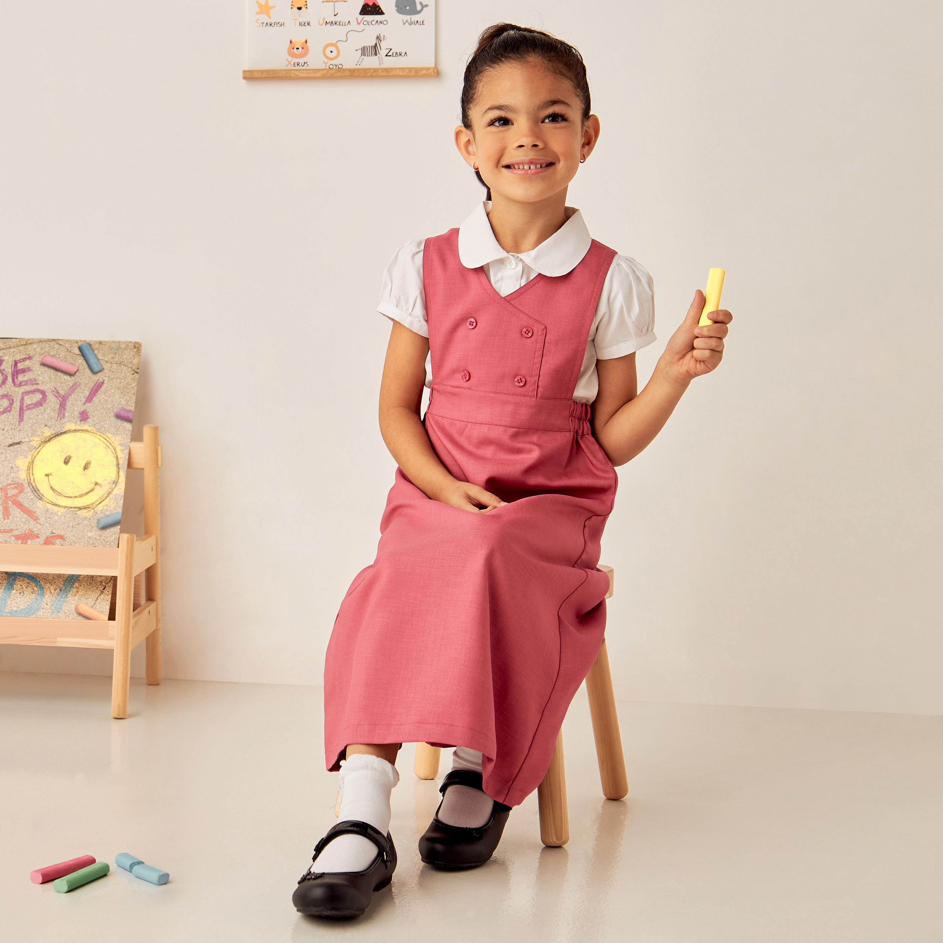 Juniors Solid Pinafore with V-neck and Button Detail-girls-clothing-dressesandjumpsuits-image-2