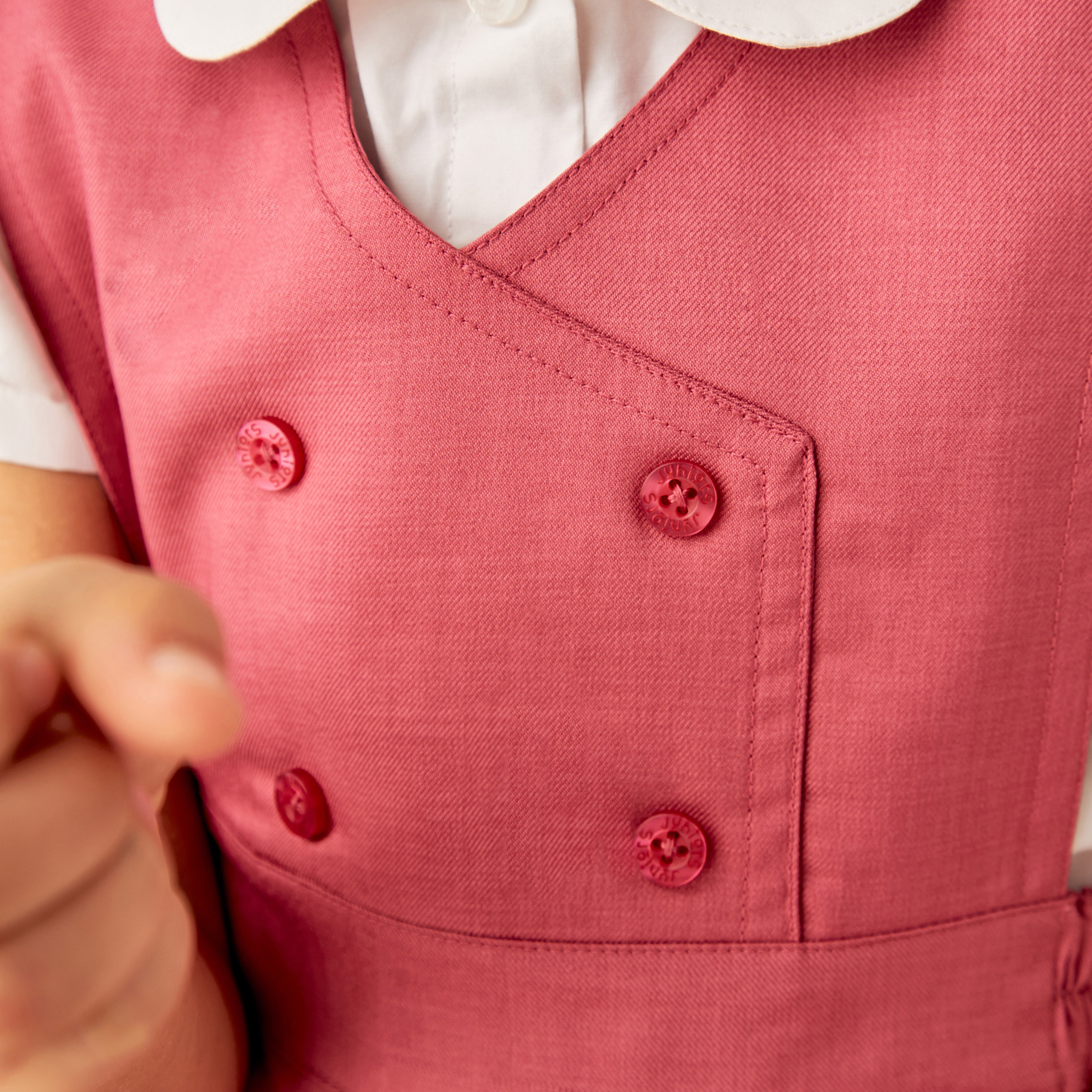 Juniors Solid Pinafore with V-neck and Button Detail-girls-clothing-dressesandjumpsuits-image-3
