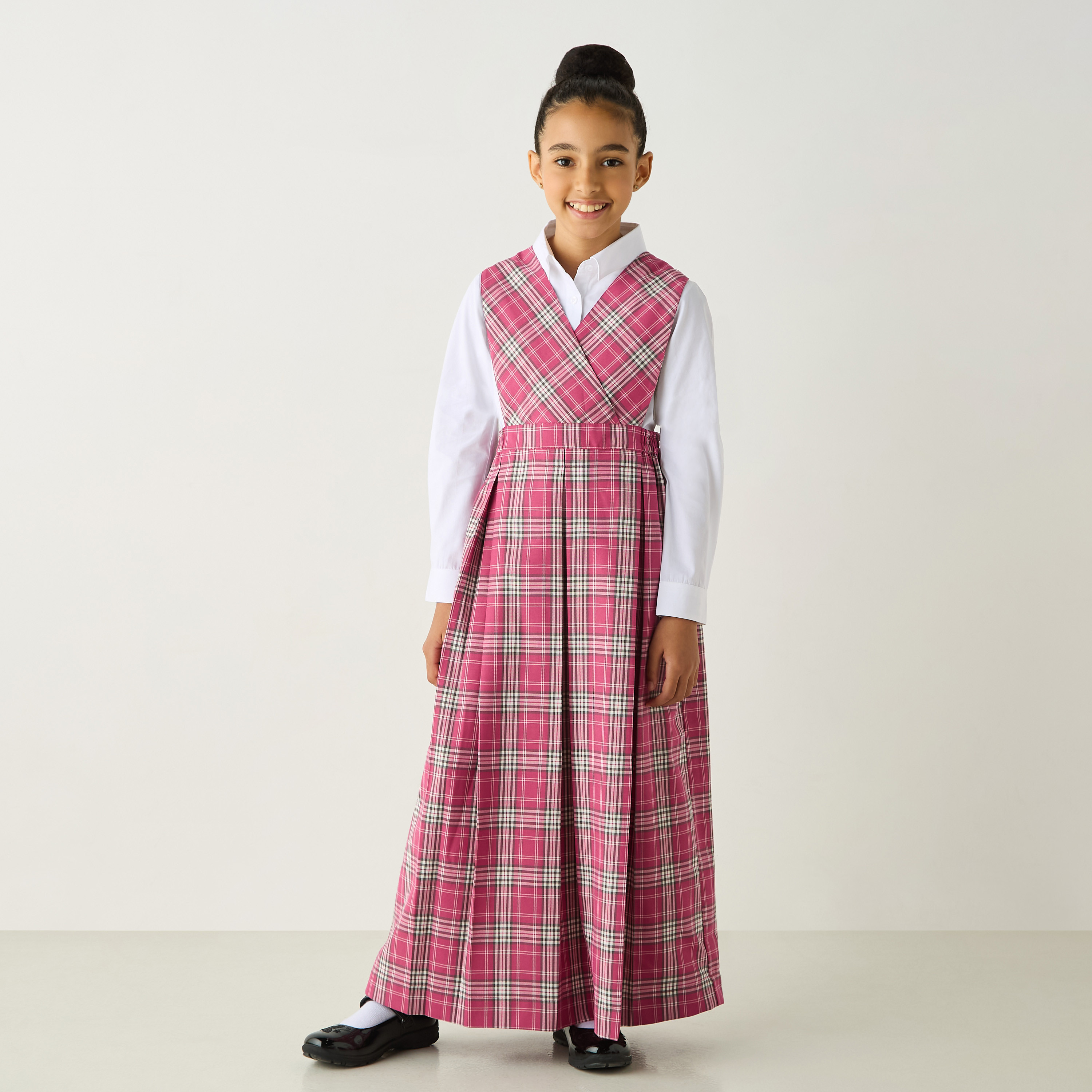Juniors Checked Sleeveless Pinafore Dress with V-neck-girls-clothing-dressesandjumpsuits-image-1