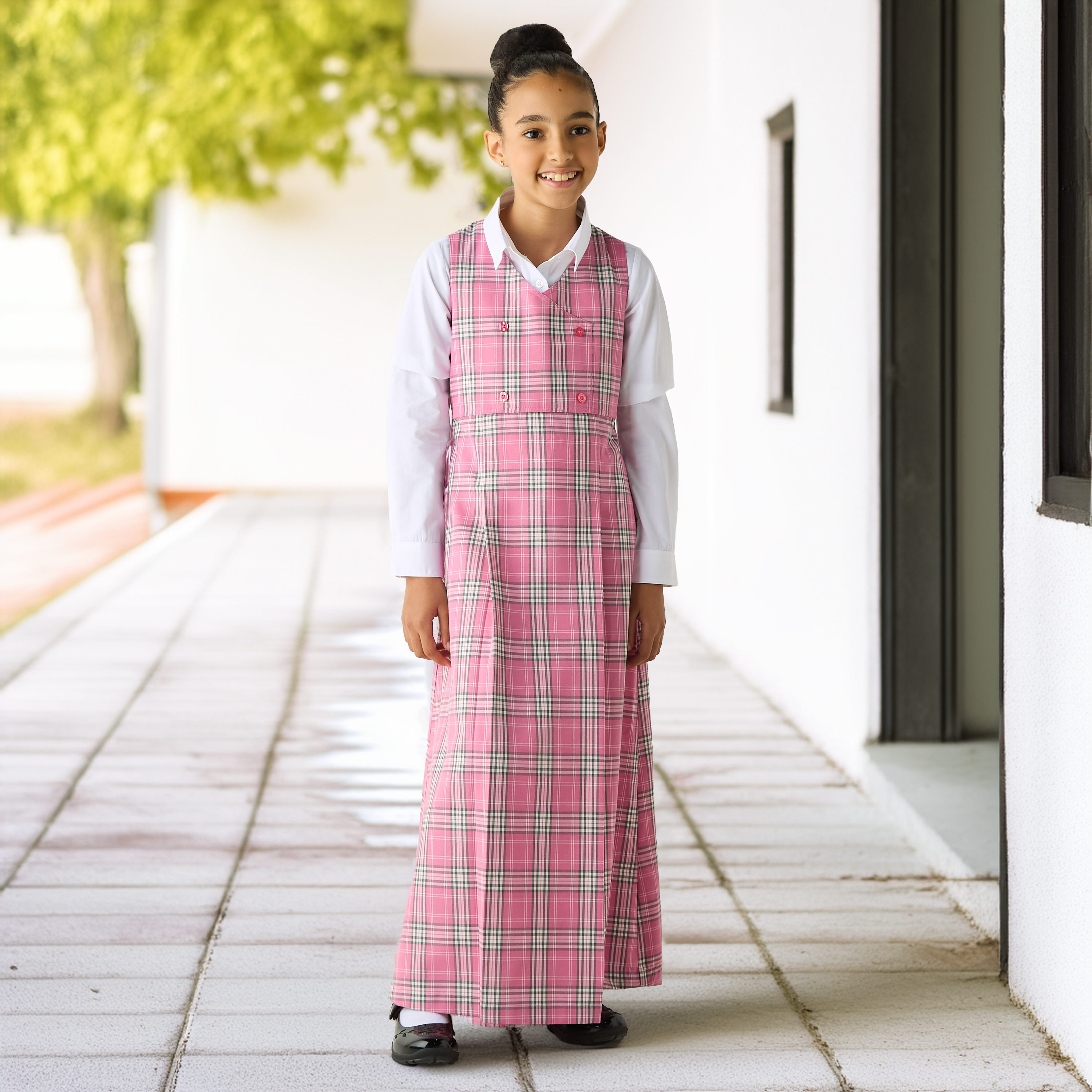 Juniors Checked Sleeveless Pinafore Dress with V-neck-girls-clothing-dressesandjumpsuits-image-2