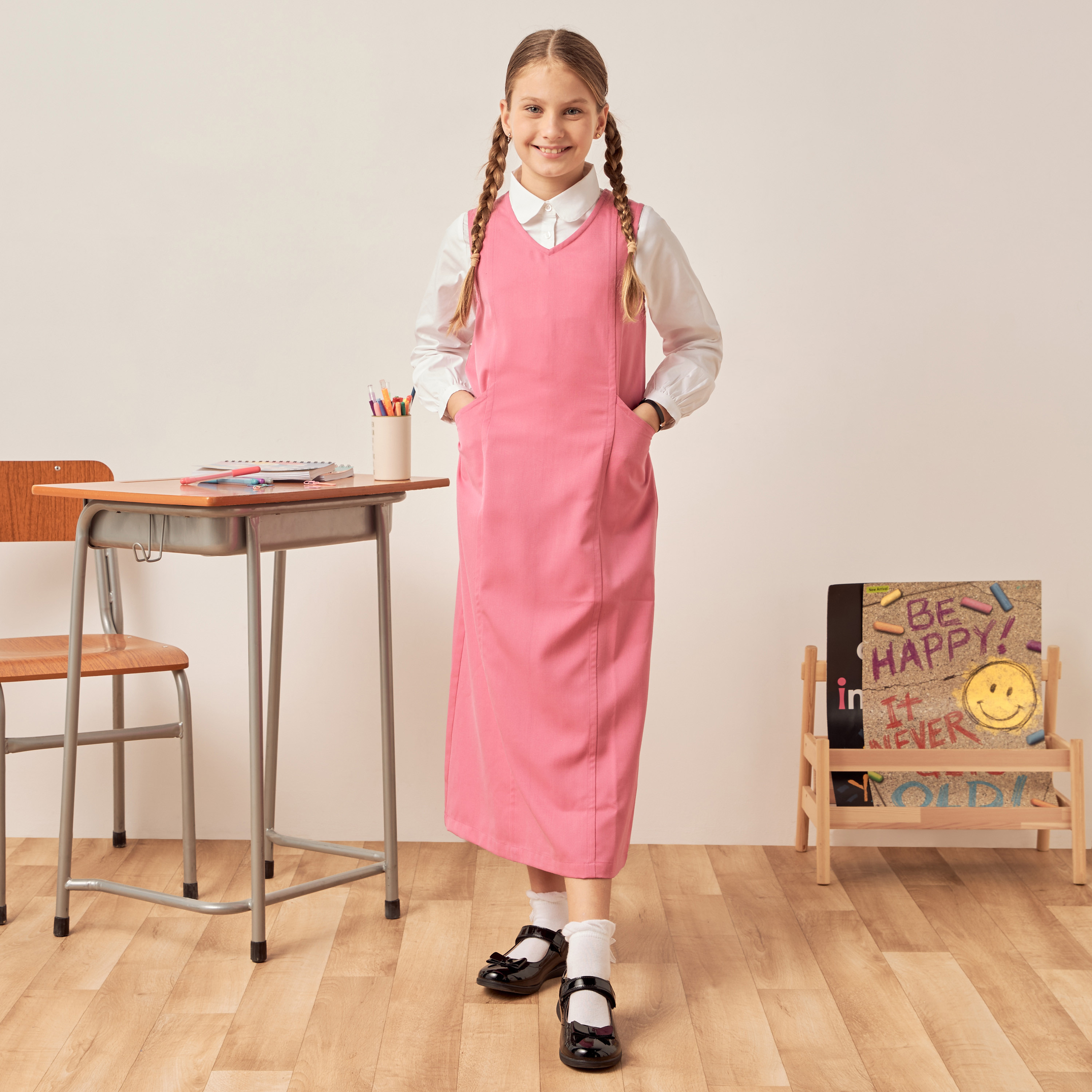 Juniors Solid V-neck Pinafore with Tie-Ups and Pockets-girls-clothing-dressesandjumpsuits-image-2
