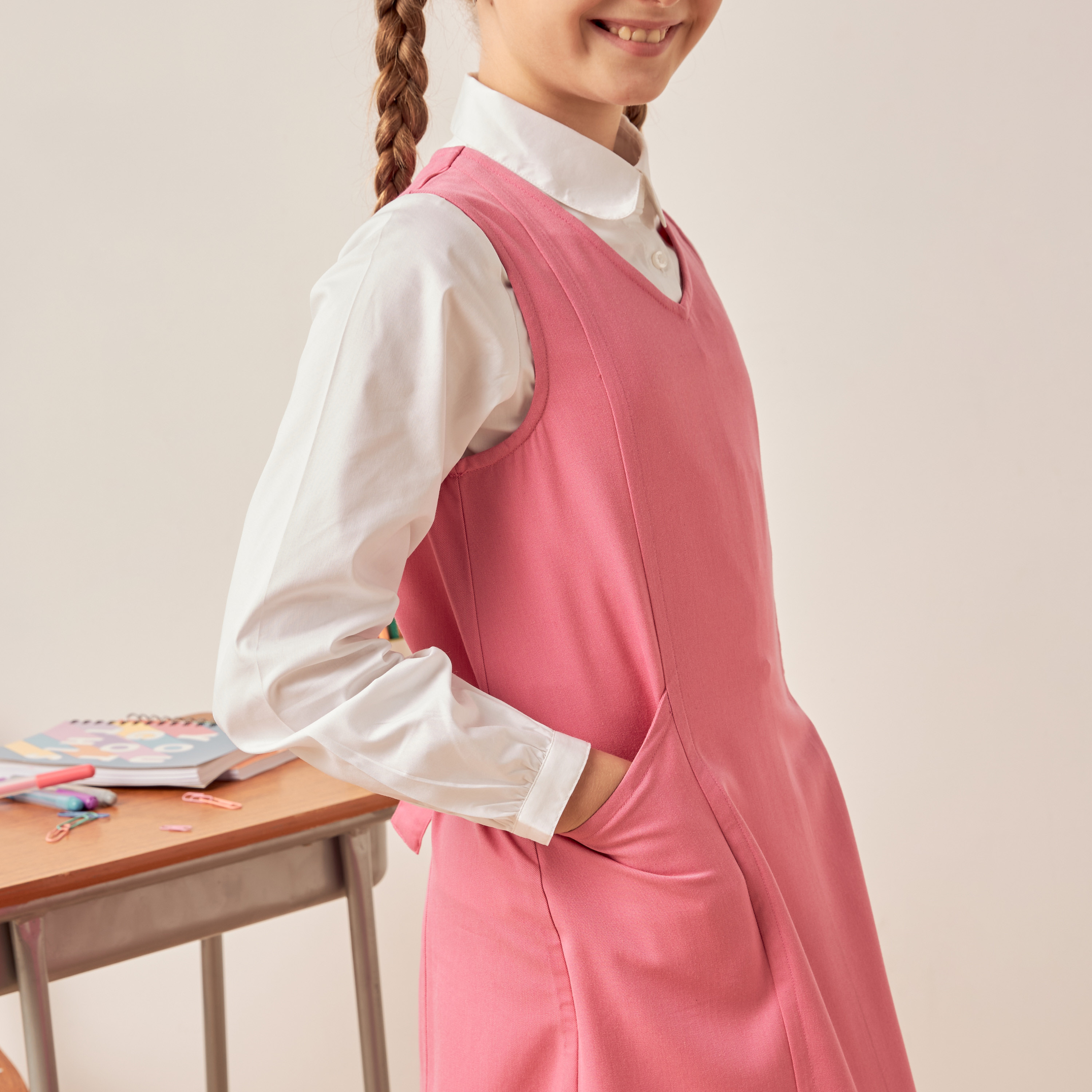 Juniors Solid V-neck Pinafore with Tie-Ups and Pockets-girls-clothing-dressesandjumpsuits-image-3