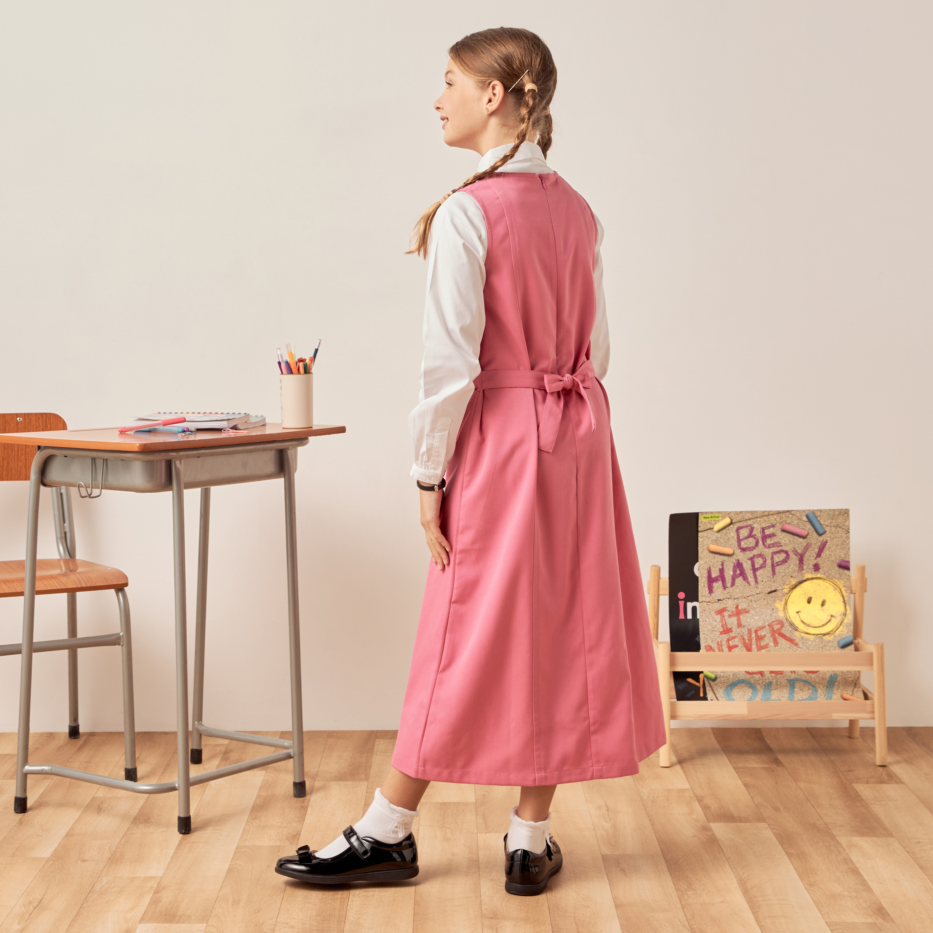 Juniors Solid V-neck Pinafore with Tie-Ups and Pockets-girls-clothing-dressesandjumpsuits-image-4