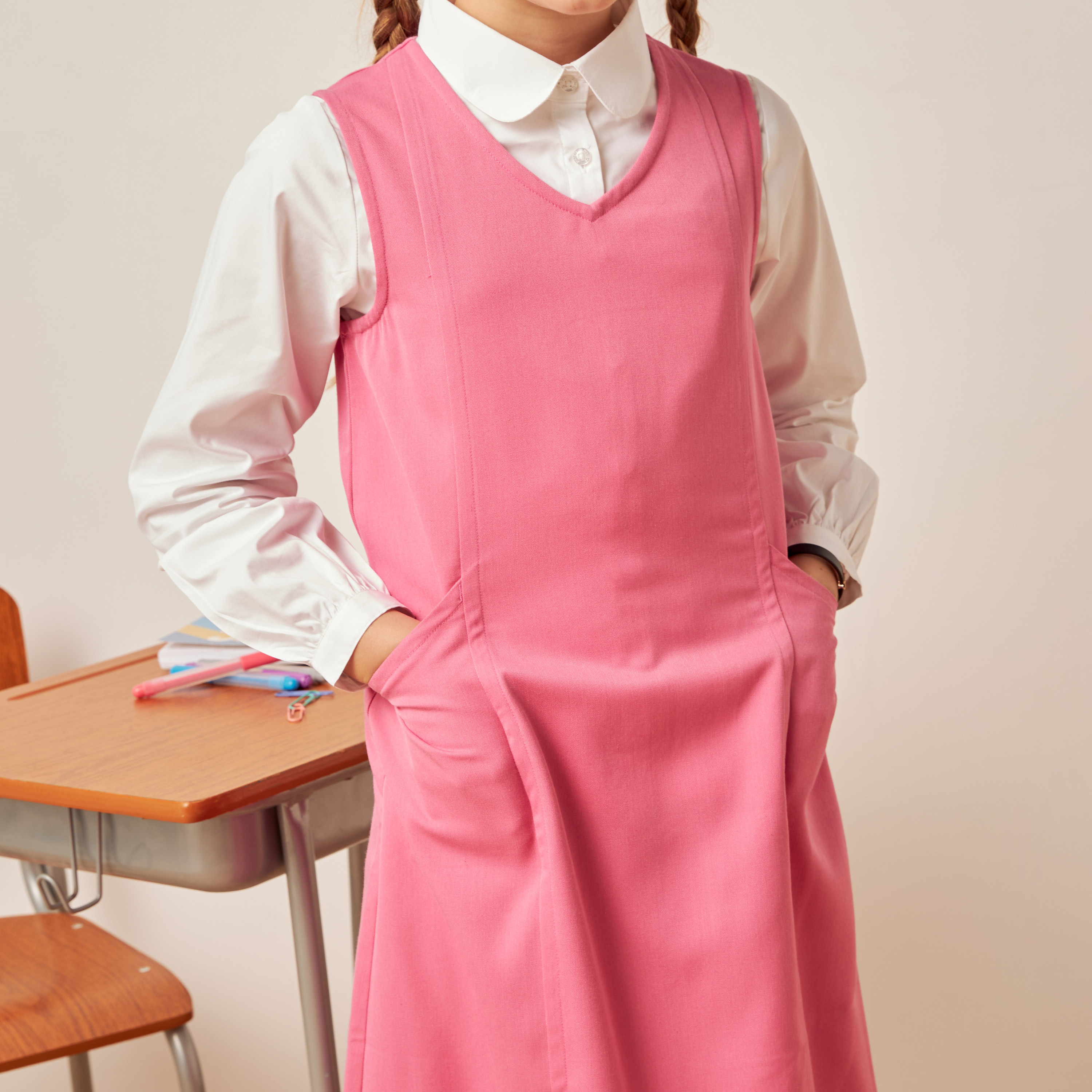 Juniors Solid V-neck Pinafore with Tie-Ups and Pockets-girls-clothing-dressesandjumpsuits-image-5