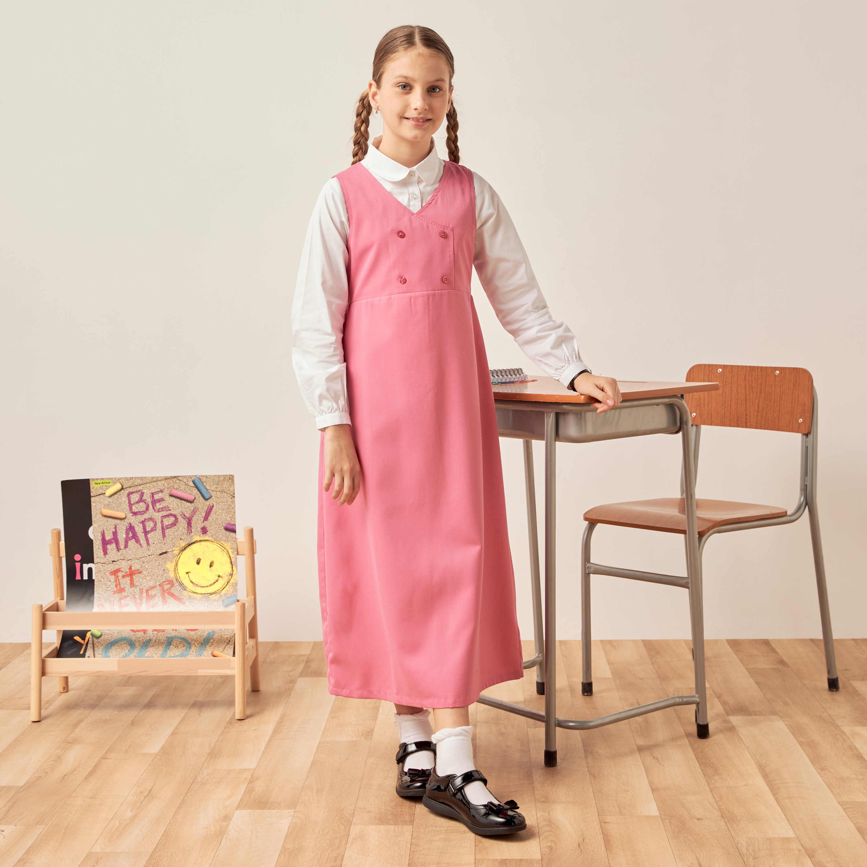Juniors Solid Pinafore with V-neck and Button Detail-girls-clothing-dressesandjumpsuits-image-2